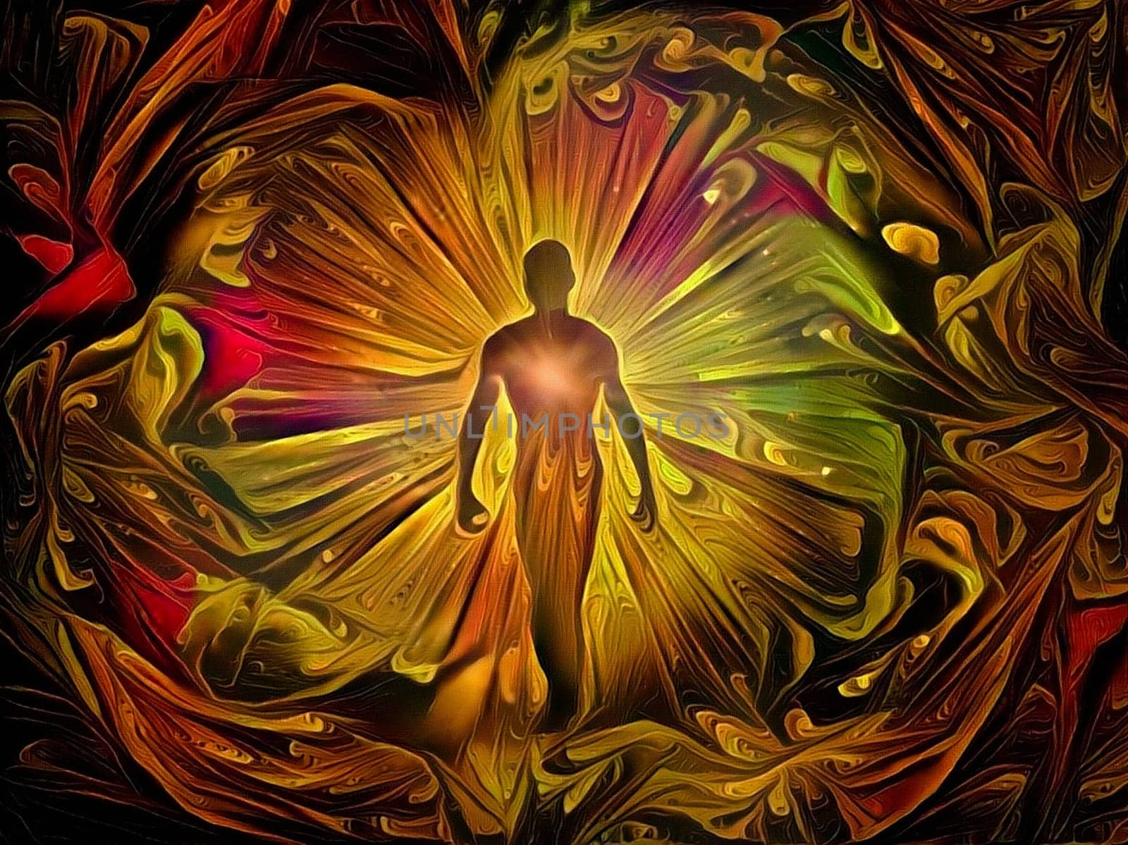 Man's silhouette with rays of light. Aura or soul