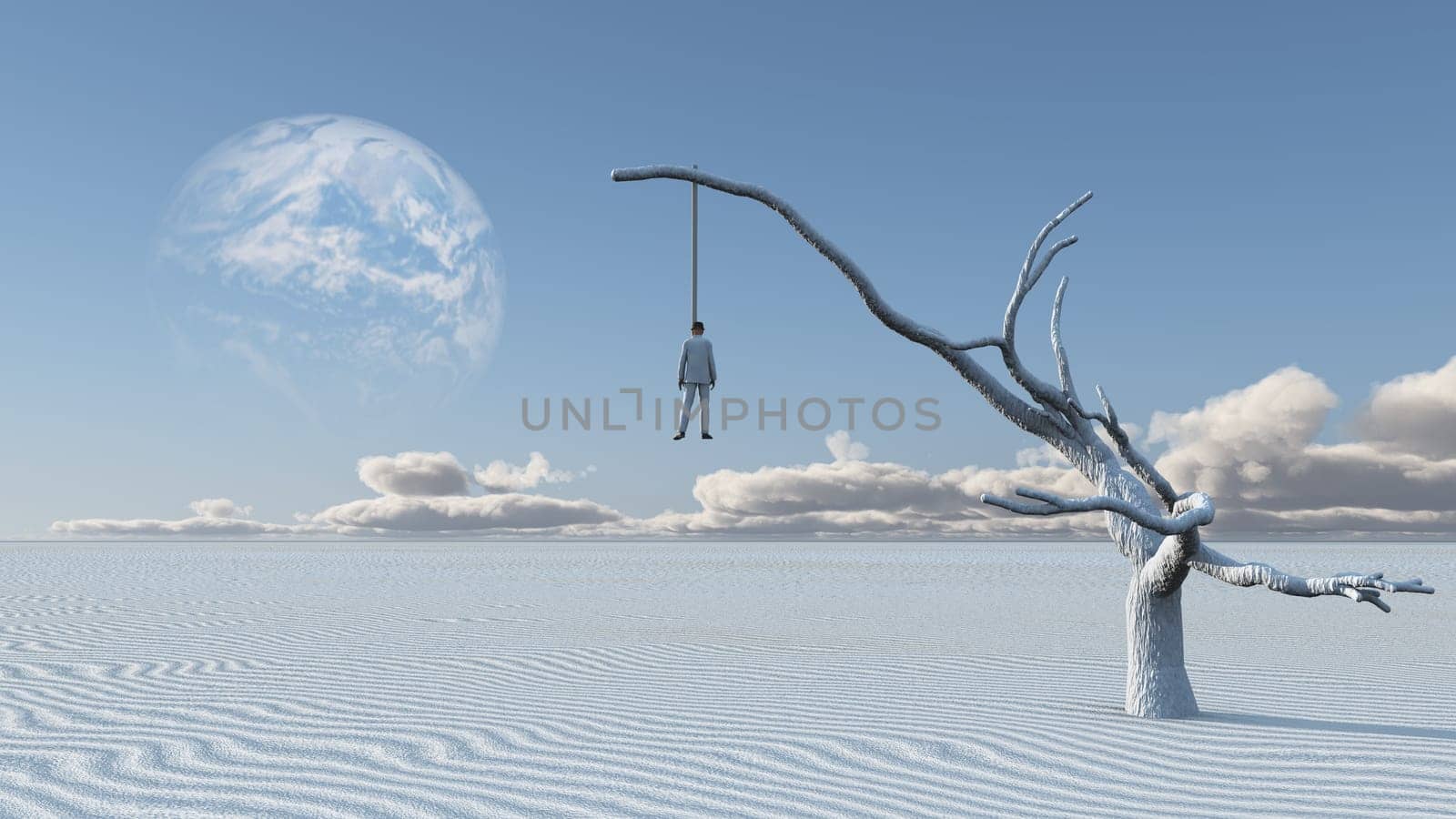 Surreal white desert. Man in white suit is hanged on a dry tree..