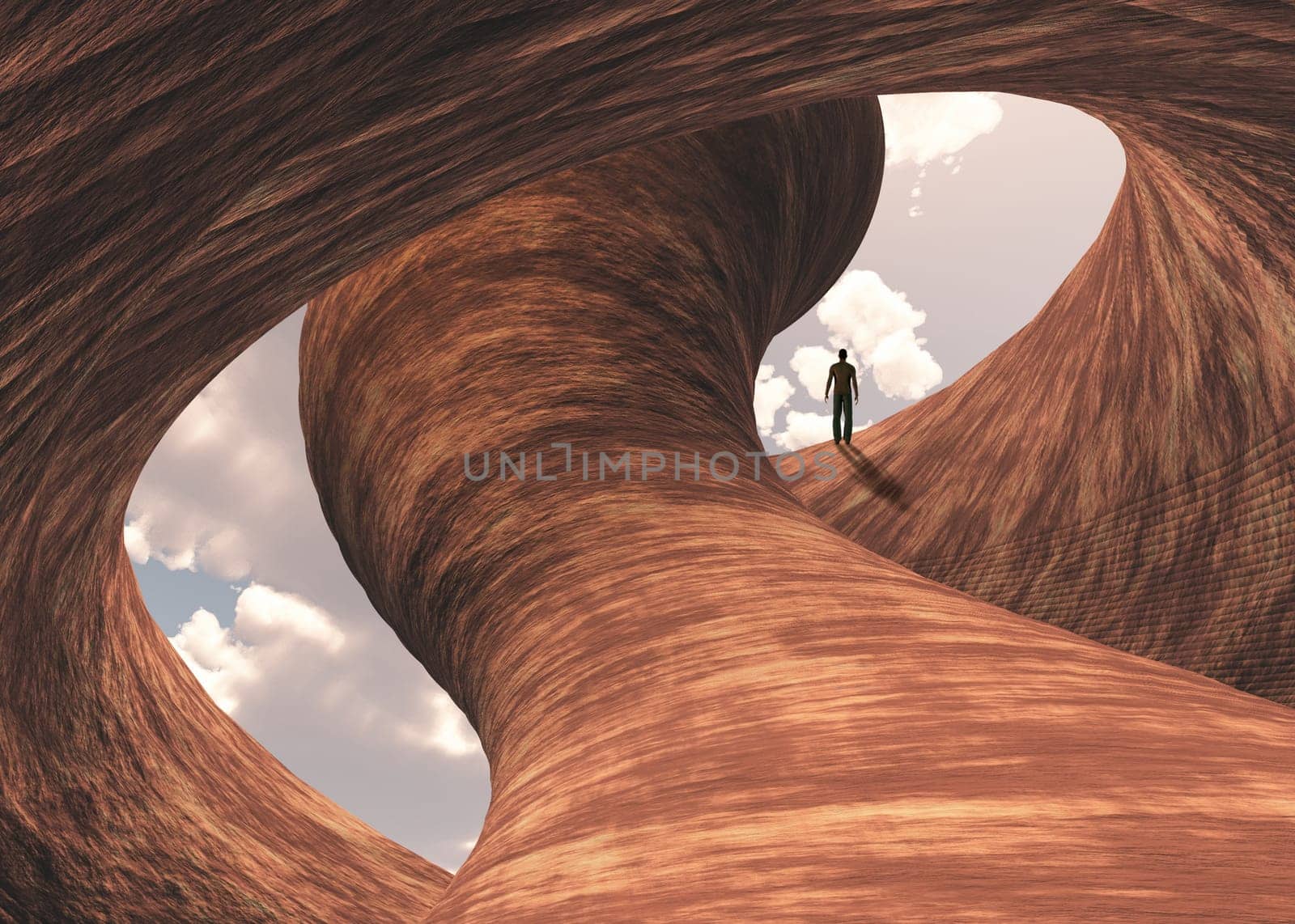 Man in carved canyon rock. Cloudy sky