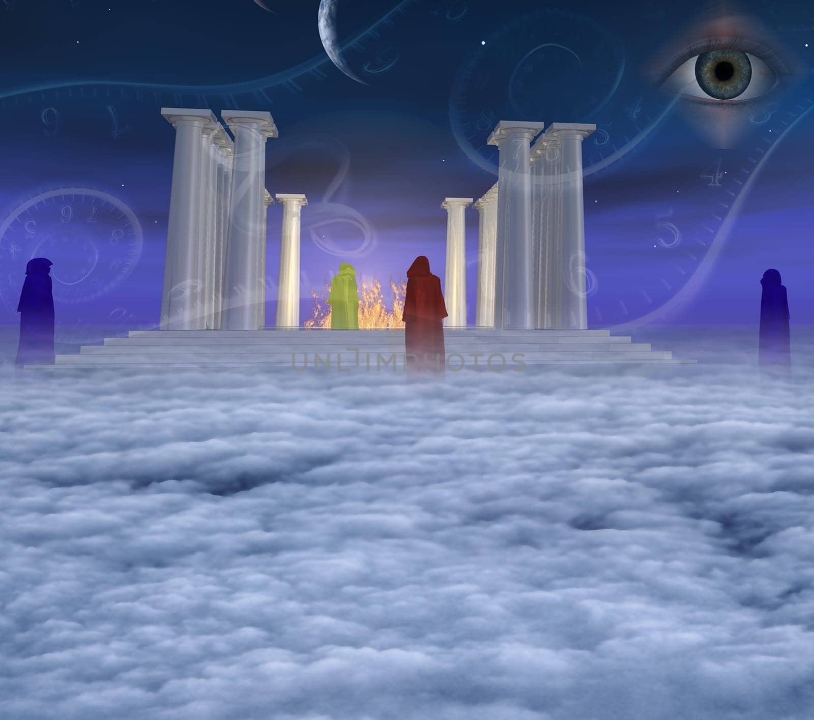 Mystic Temple of Fire and monks. Time Spirals and God's Eye in the sky.