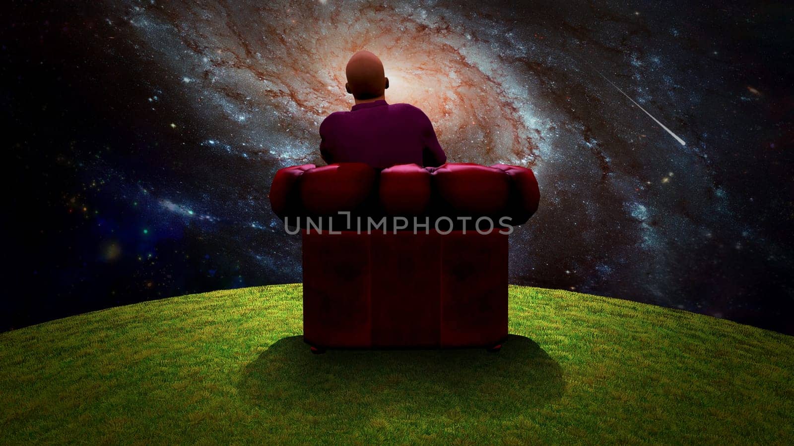Surreal composition. Man sits in red armchair and observes vivid galaxy. 3D rendering