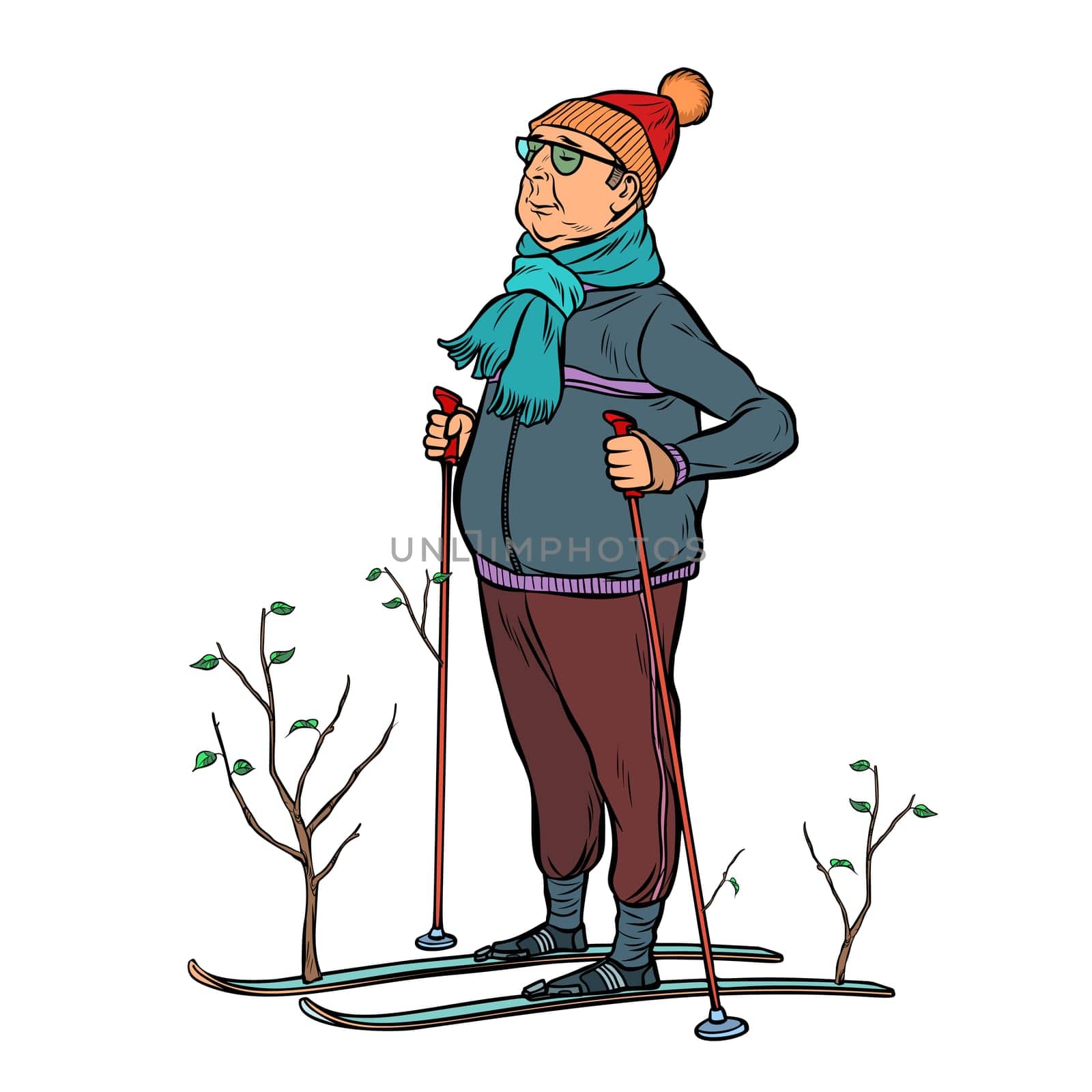 skier male in a forest of young trees. Pop art retro vector illustration kitsch vintage