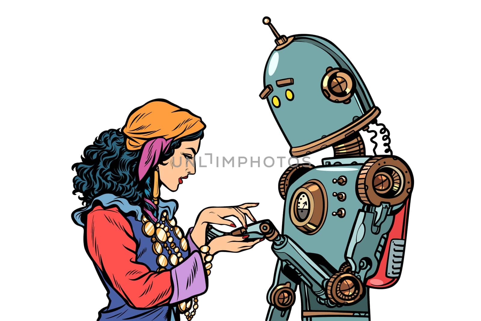 A Gypsy telling fortunes by the hand. The robot wants to know about love. Pop art retro vector illustration kitsch vintage