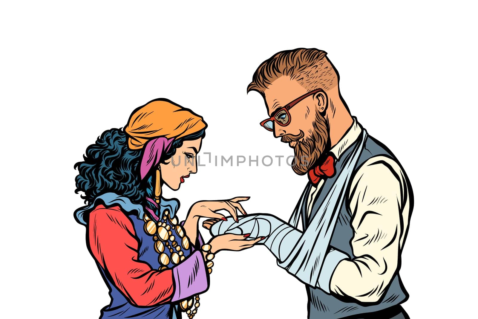 Gypsy palmist and hipster. Patient with plaster and a broken arm. Pop art retro vector illustration kitsch vintage