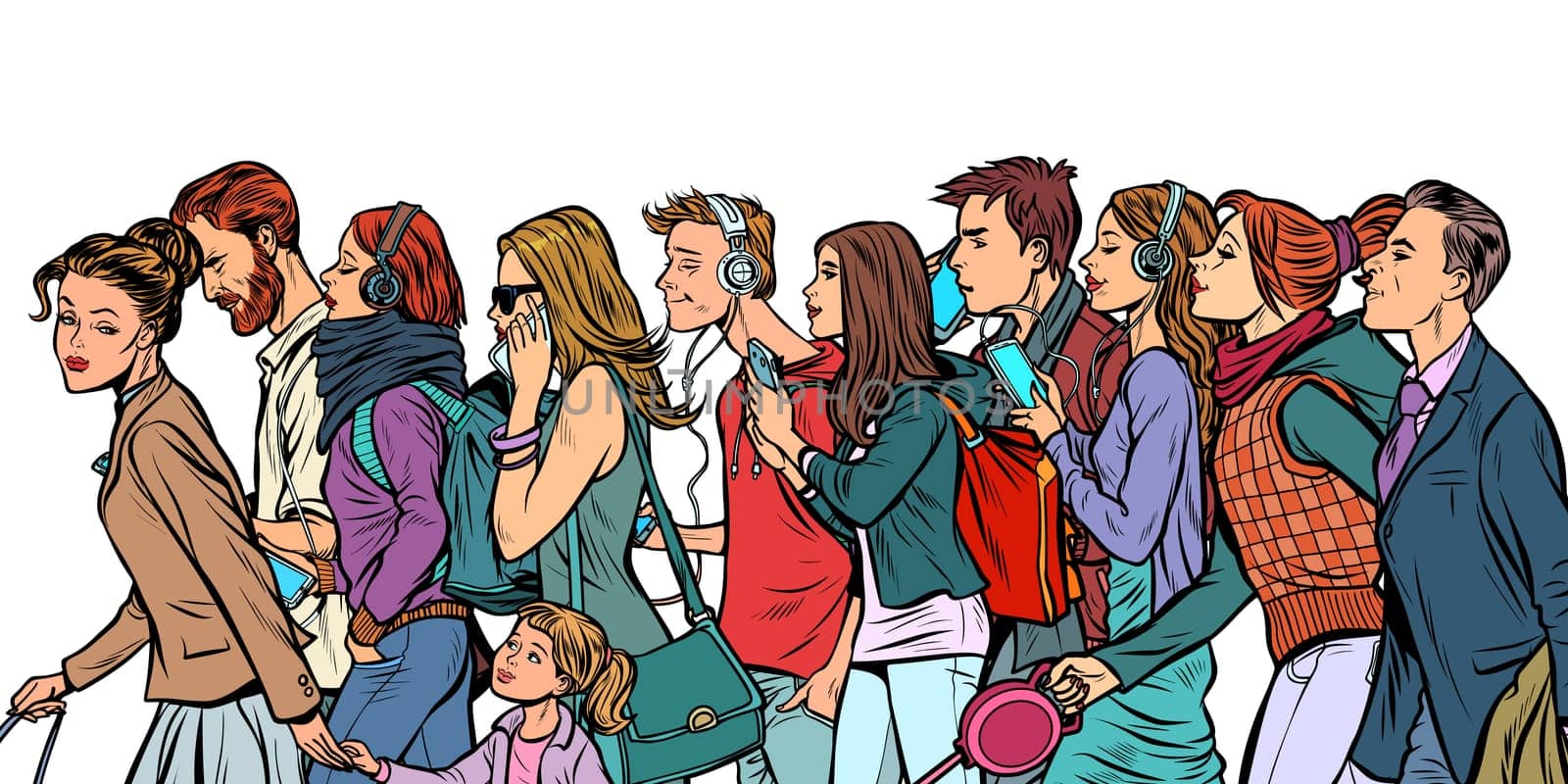 The crowd of pedestrians, men and women. Pop art retro vector illustration kitsch vintage