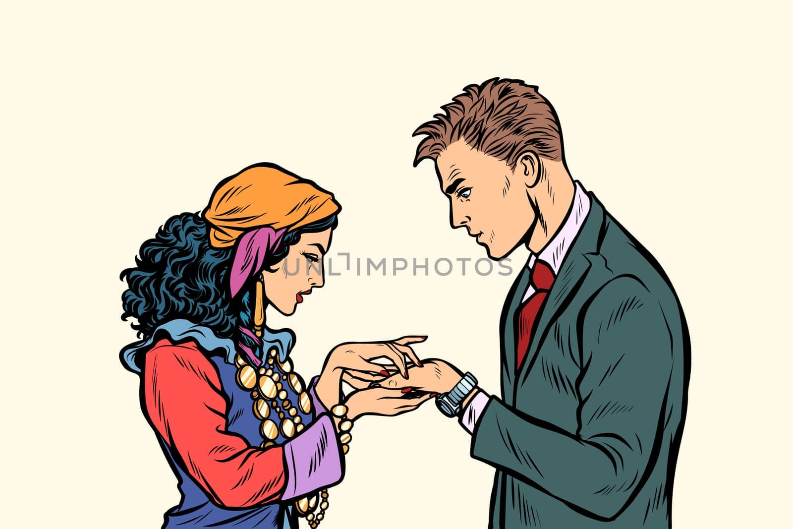 a Gypsy telling fortunes by the hand to the businessman. A fortune-teller palmist. Pop art retro vector illustration kitsch vintage
