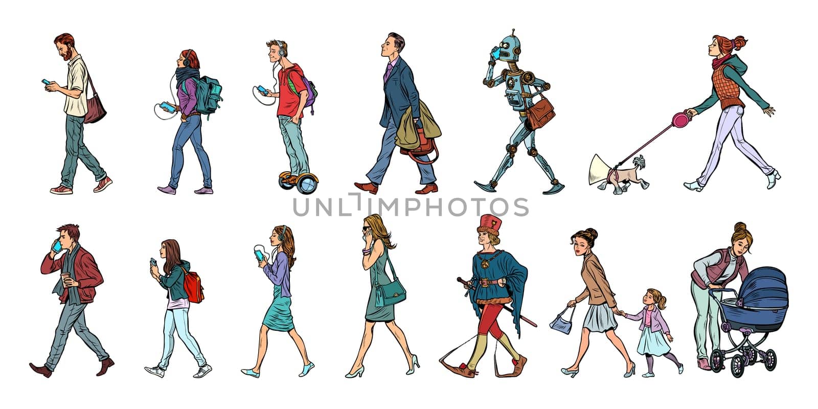Set collection of pedestrians people walk. Women men robot dog. Modern and retro. Pop art vector illustration kitsch vintage