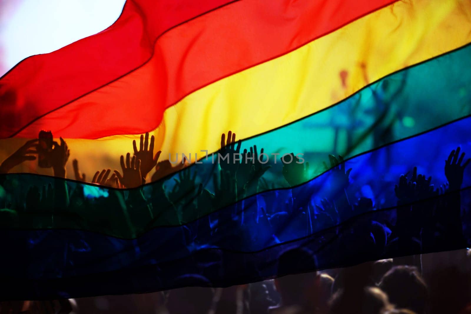 silhouette of a parade of gays and lesbians with a rainbow flag - symbol of love and tolerance