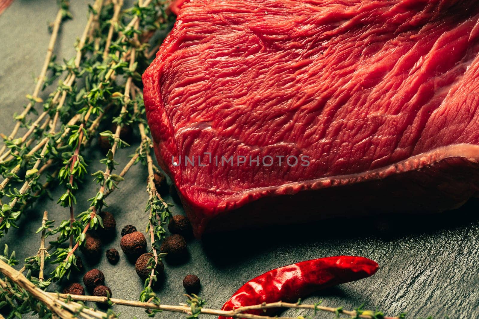 raw beef meat with spices on slate stone kitchen board.