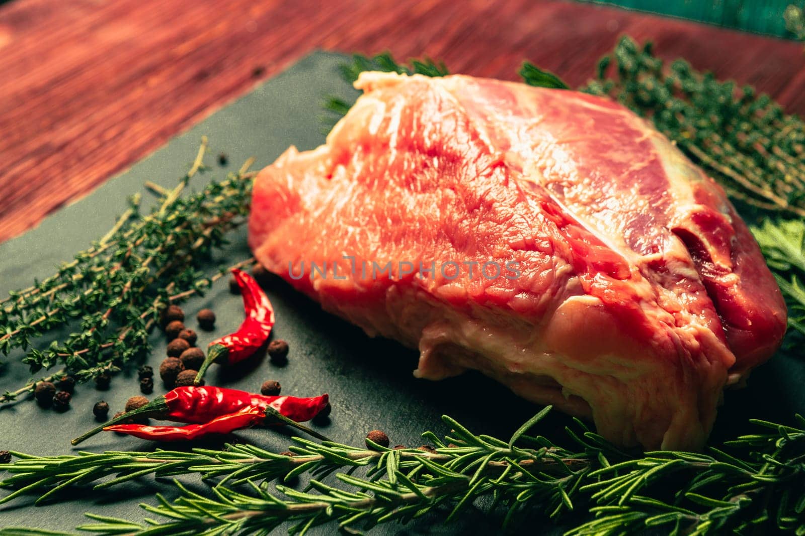 raw pork meat with spices on slate stone kitchen board.