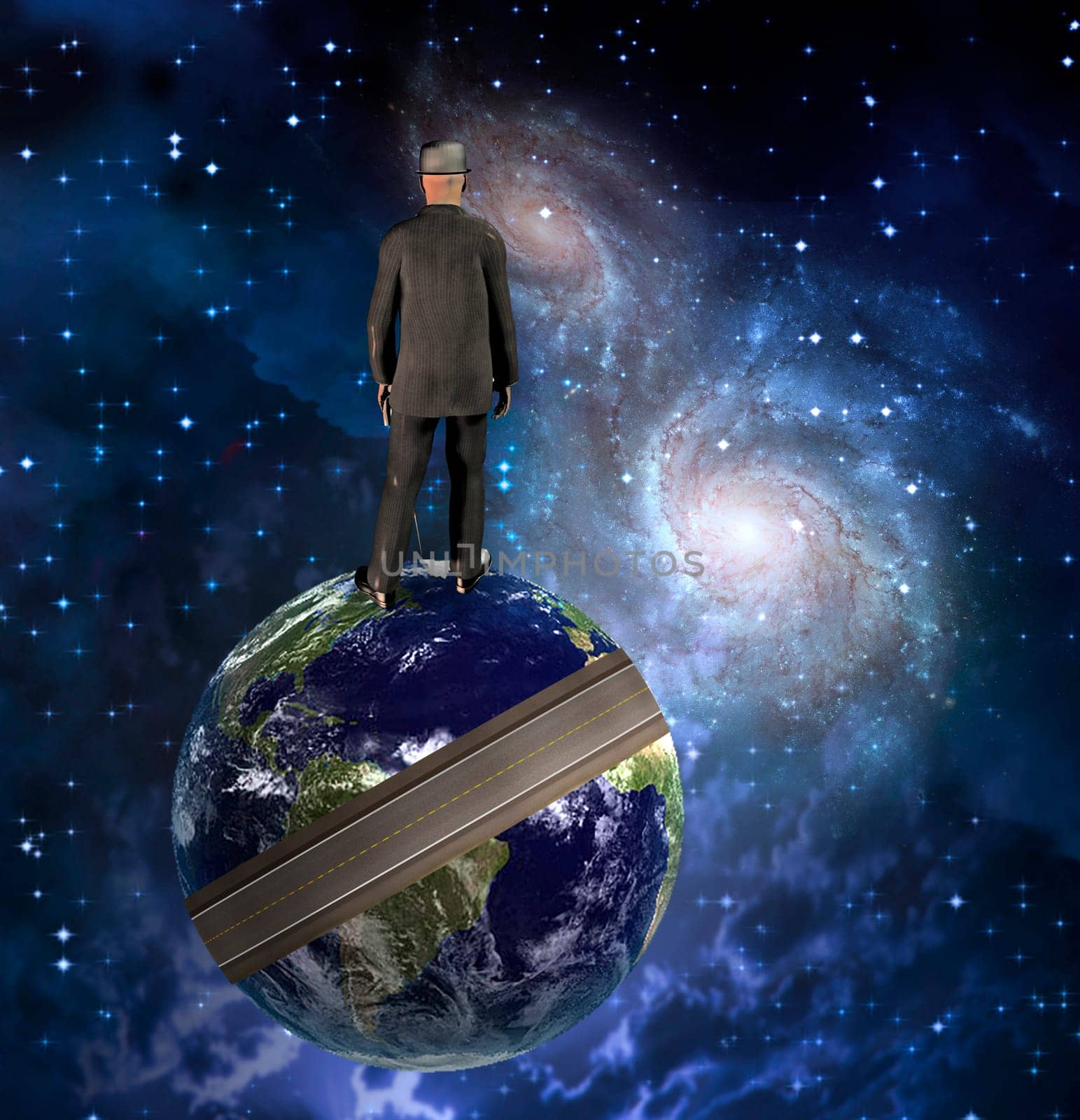 Man in suit stands on planet the Earth. Galaxies and nebulae in deep space