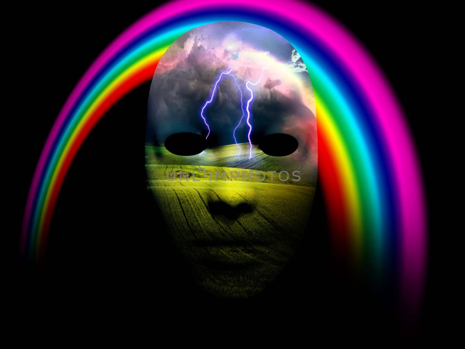 Storm drama dream scene. Mask and rainbow