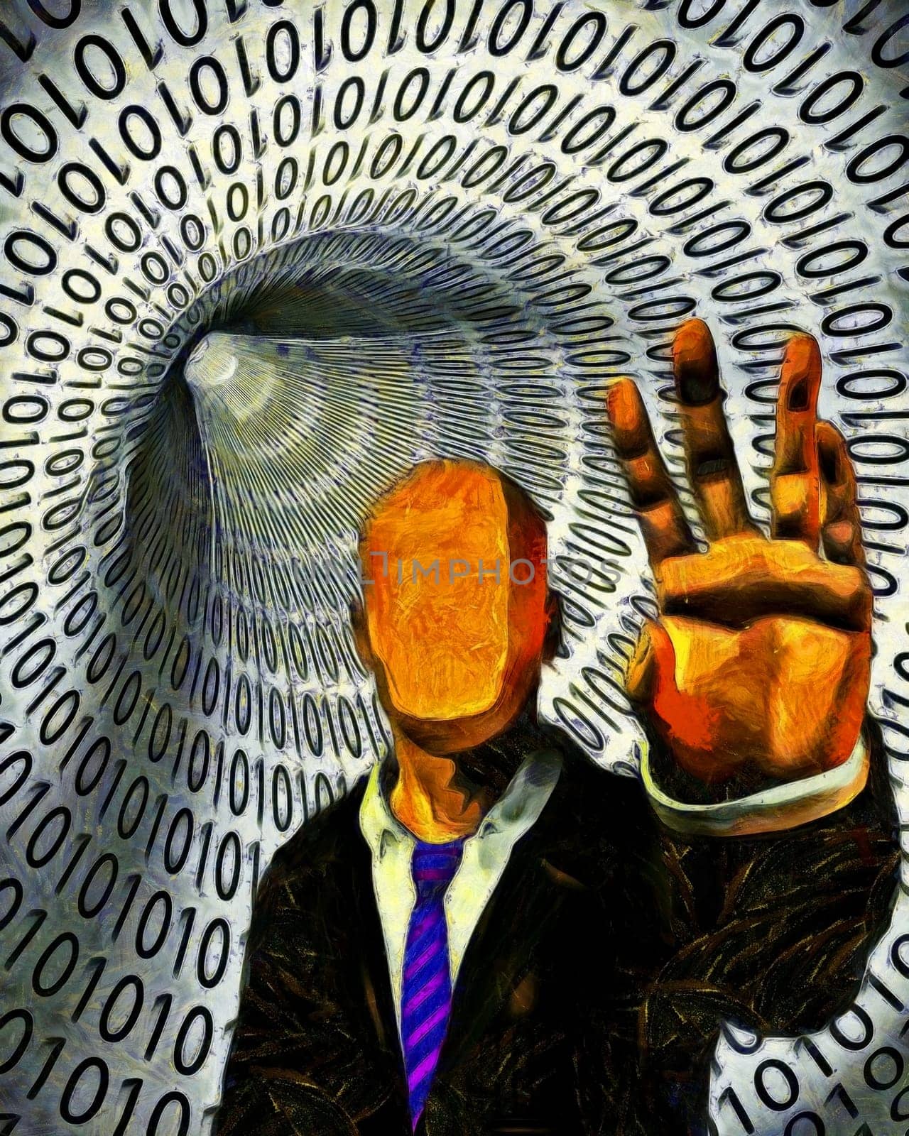Surreal painting. Faceless man in suit warns. Tunnel of binary code on a background.