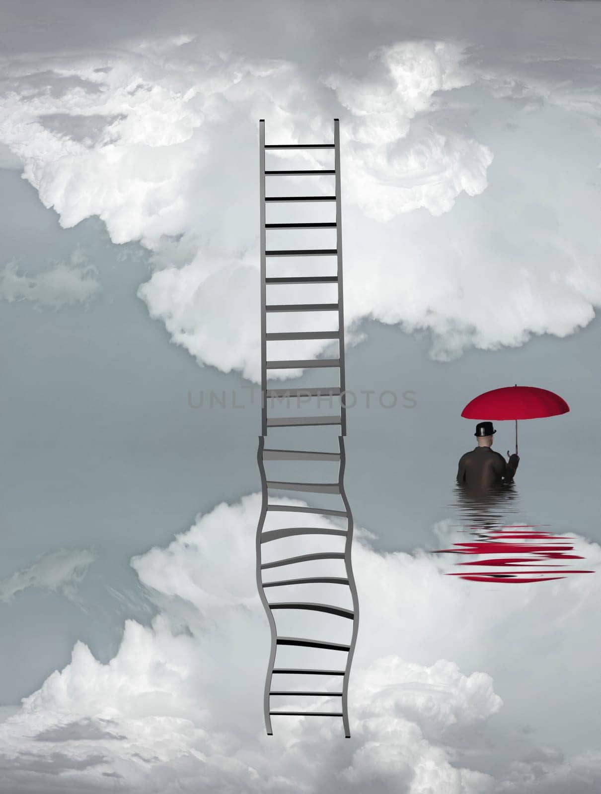 Man in flood with ladder above