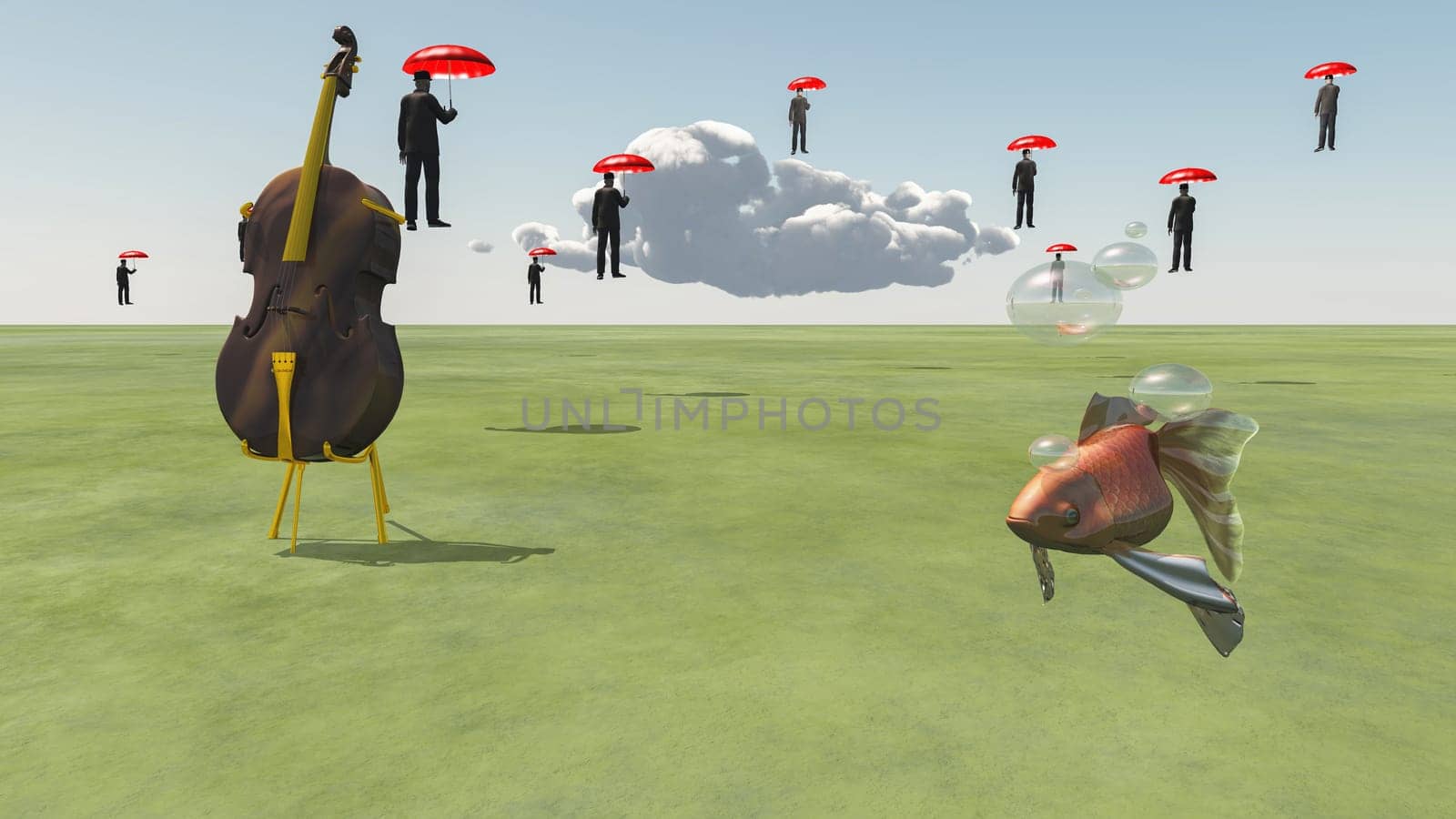 Cello, goldfish and floating men with red umbrellas
