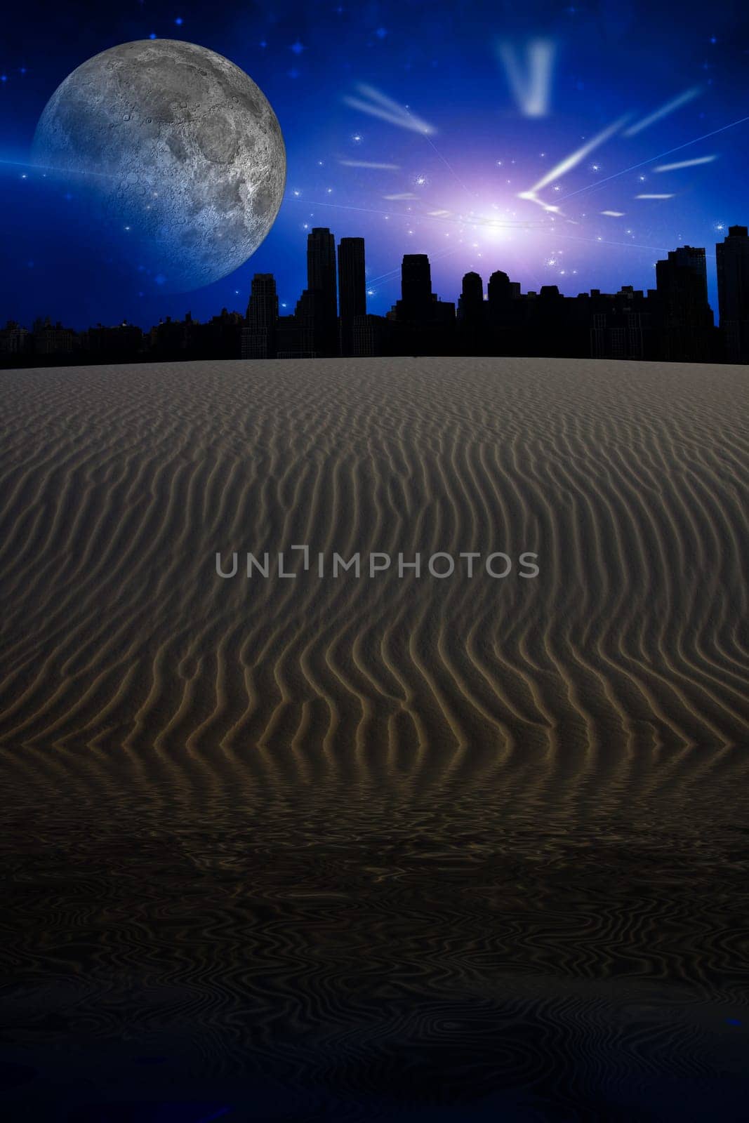 Desert city silhouettes with large clock shape and moon in sky