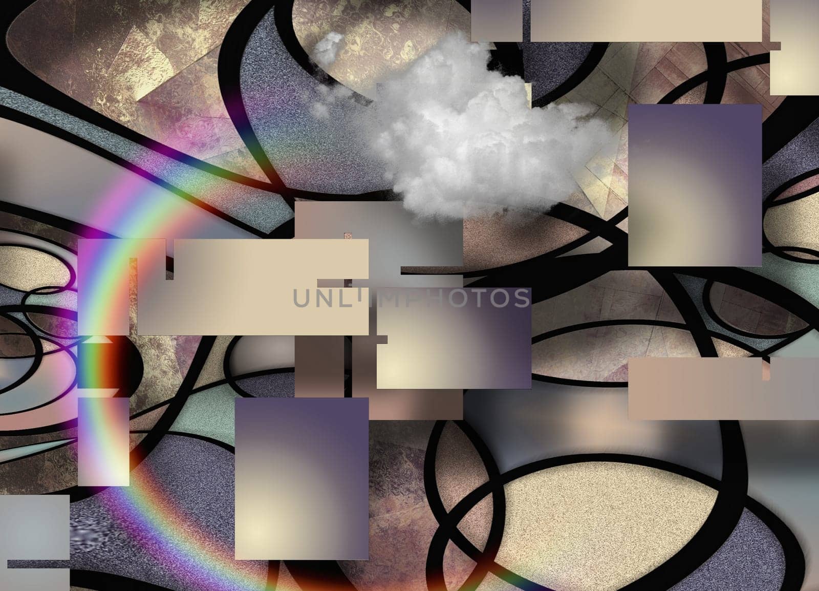 Modern Geometric Abstract. Rainbow and Cloud. Curved lines