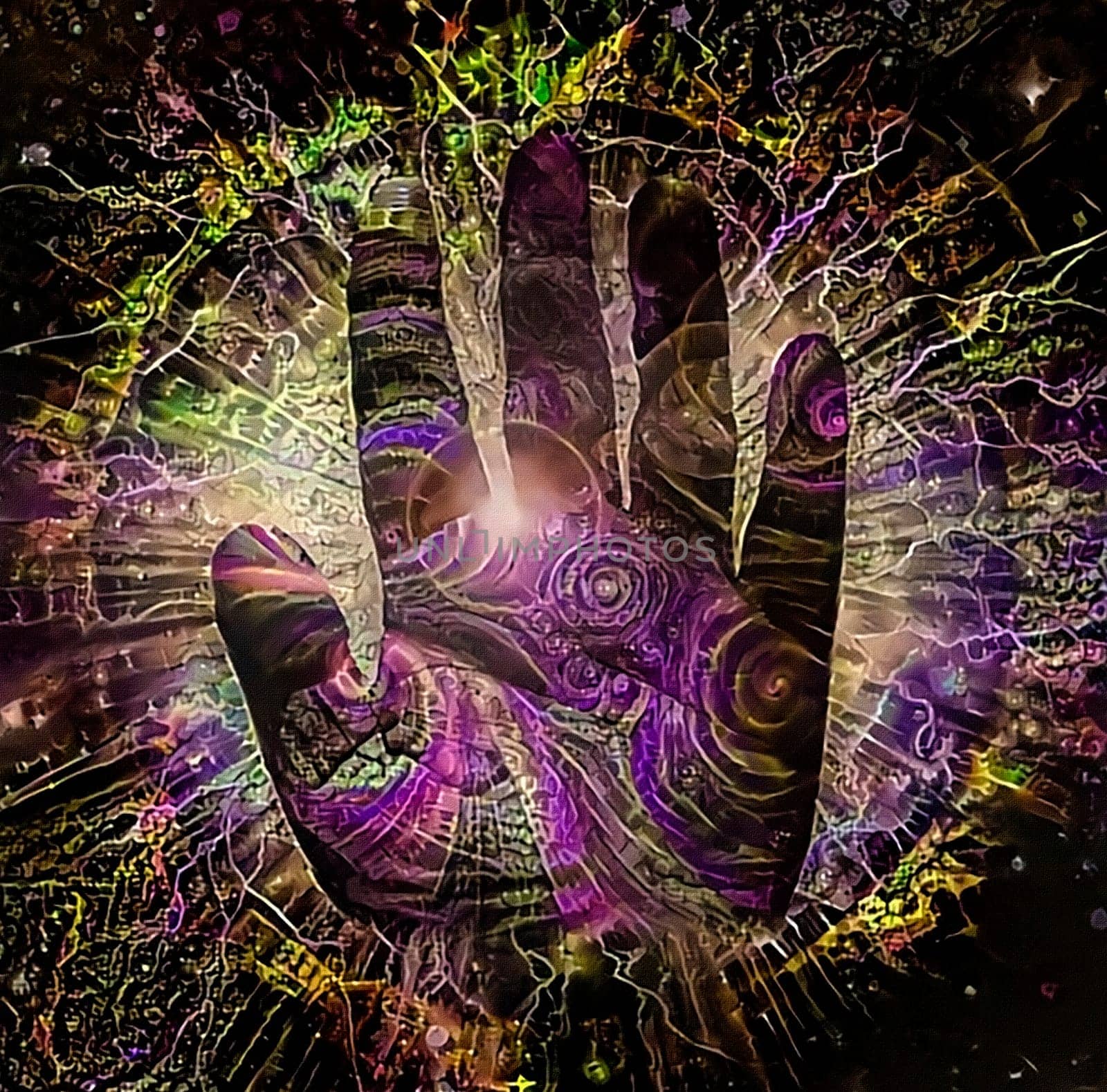 Painting in vivid colors. Hand of creator. Lightnings radiates from human's palm. Ring of fire on the background
