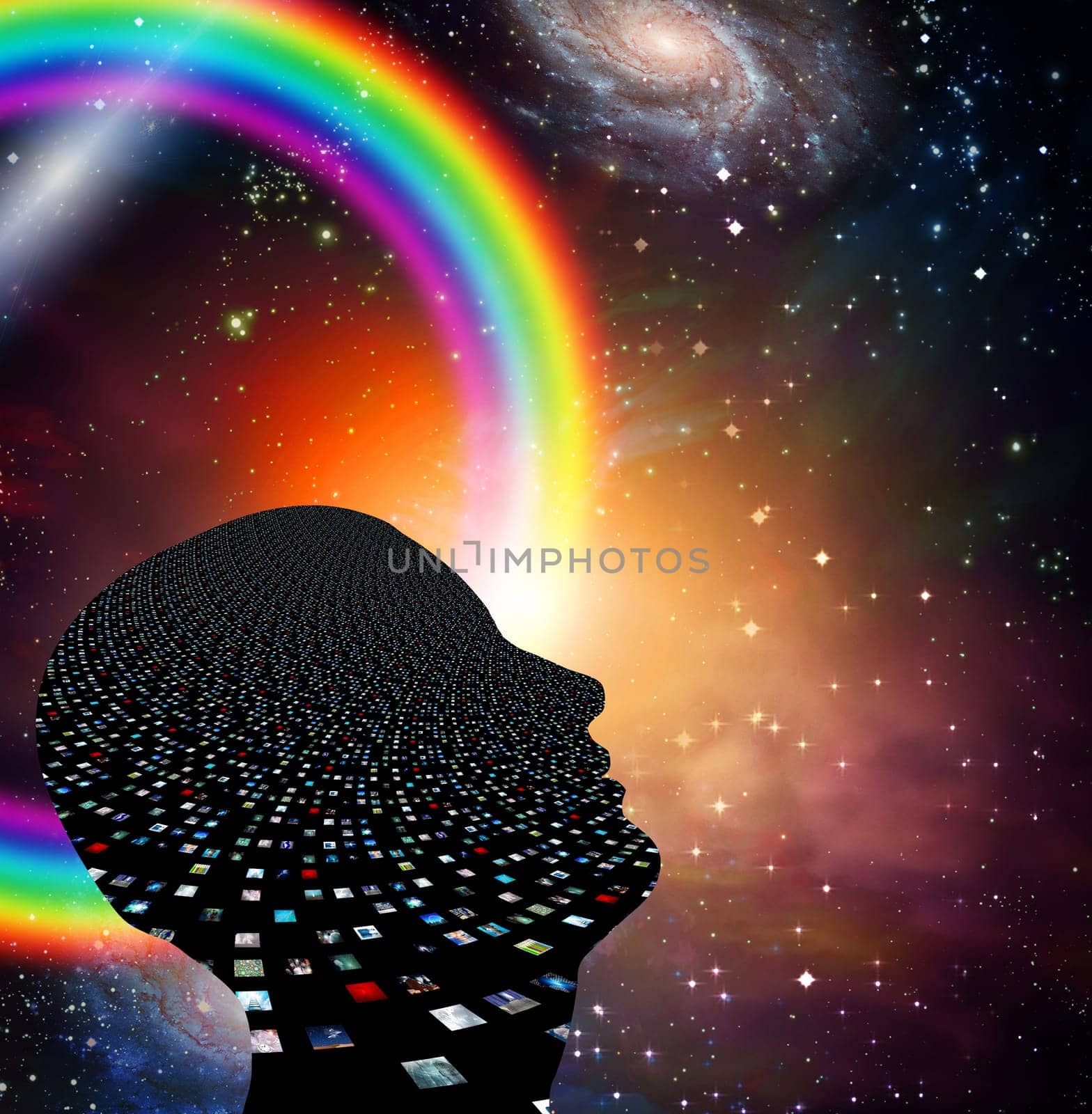 Man with many images in his mind. Vivid universe with galaxy and rainbow in space