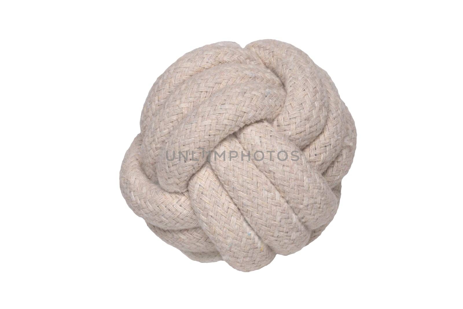 Rope isolated. Close-up of a rope knote ball. Macro. Knoted rope dog toy.