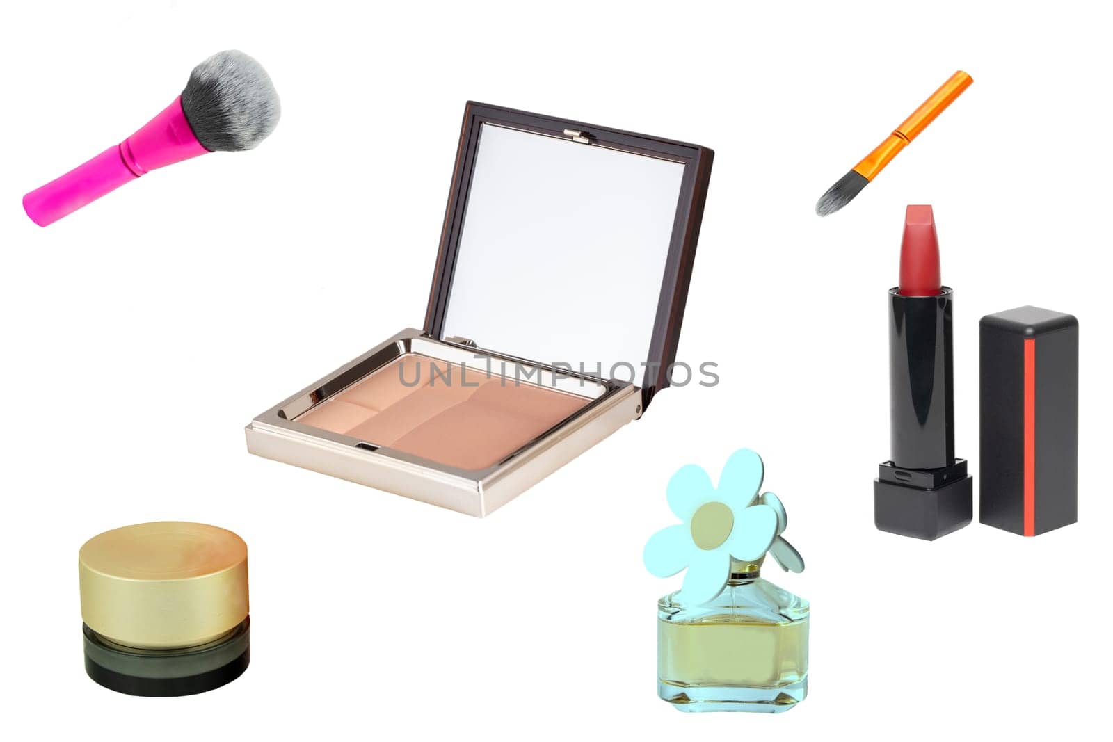 Cosmetic products. Collage Set or collection of cosmetic and beauty products isolated on a white background. Woman accessories.