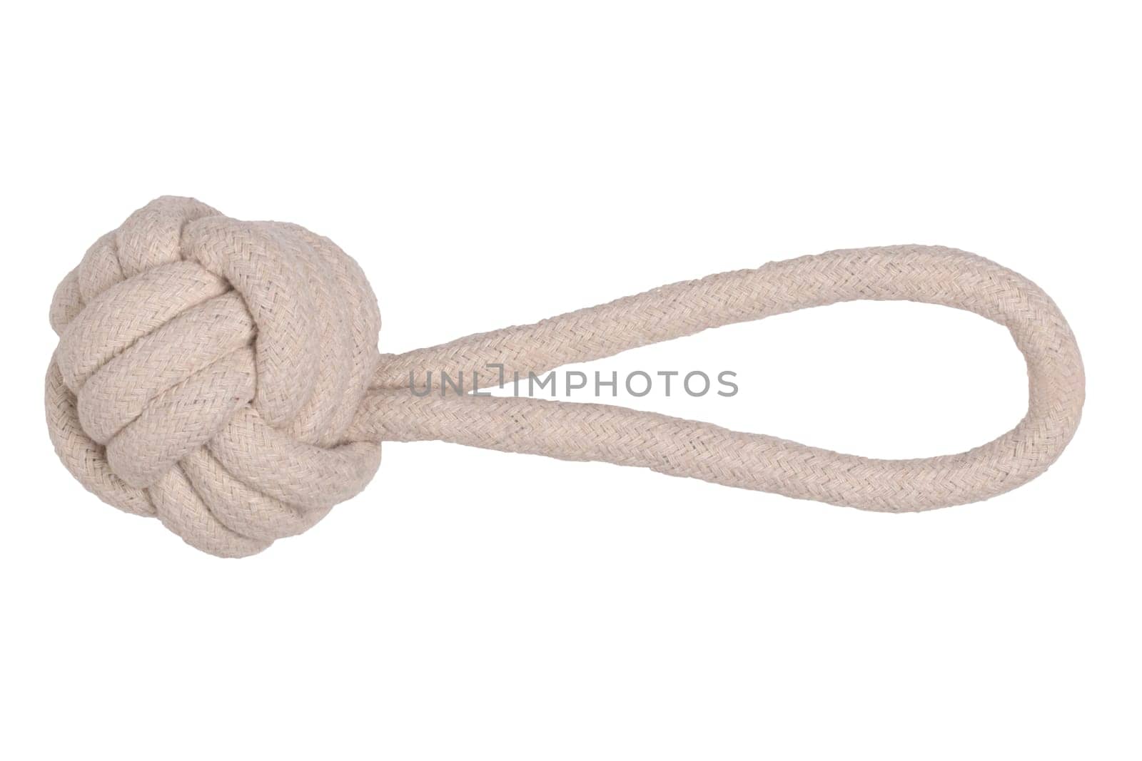 Rope isolated. Close-up of a rope knote ball. Macro. Knoted rope dog toy.