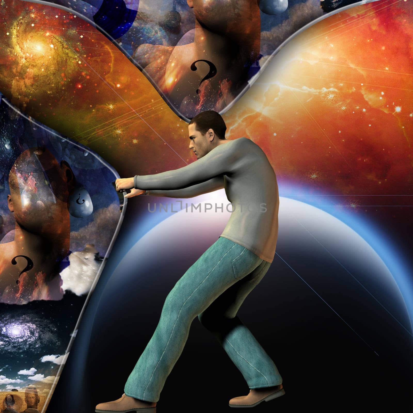 Man stretches space curtain to show power of another dimension beneath
