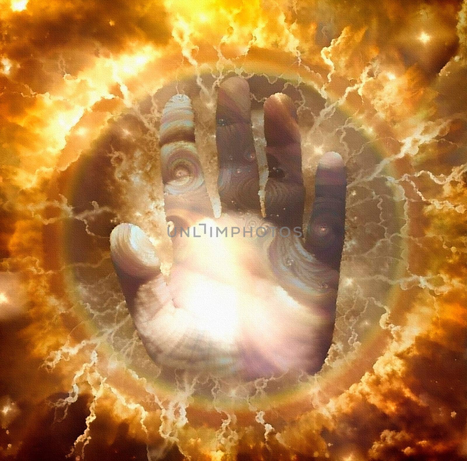 Hand of God. Lightning radiates from hand. Ring of fire on the background