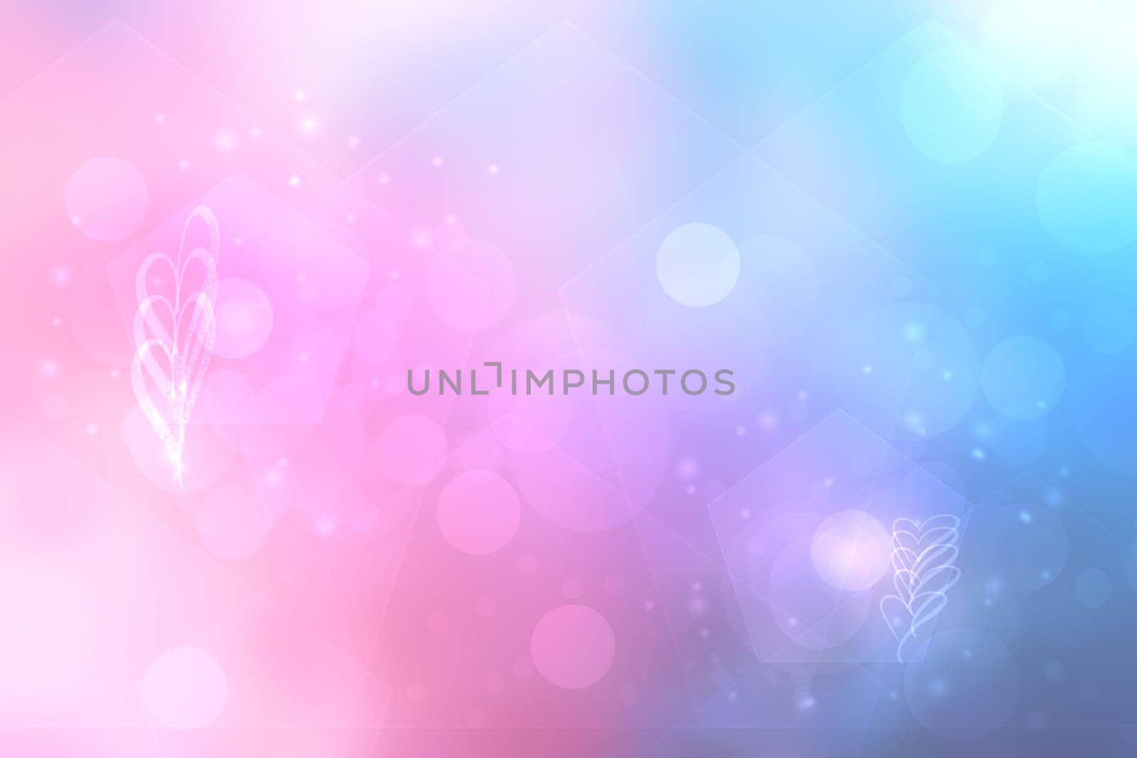 Abstract festive illustration. Abstract festive blurred light blue gradient pink background texture with love bokeh hearts and circles. Beautiful template for valentine, wedding or other holidays.