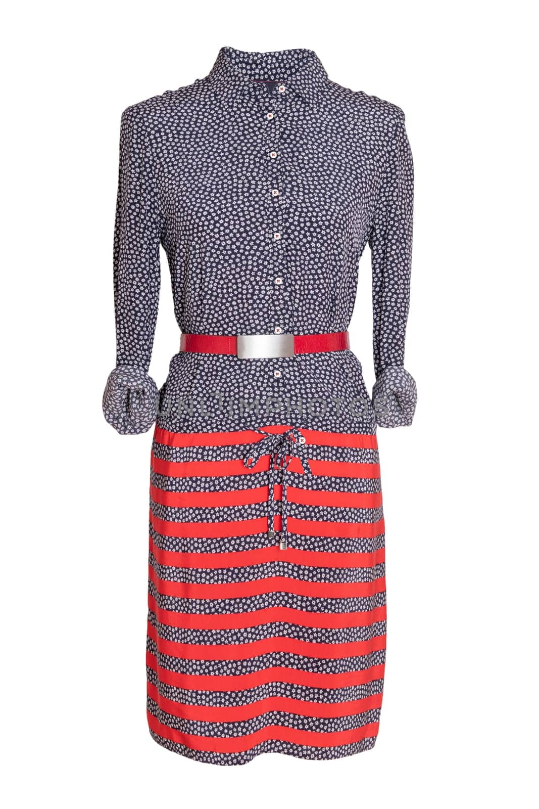 Woman spring summer dress. Women's blue and red striped dress with a red belt on a mannequin isolated on a white background. Summer fashion. Party and cocktail dresses.