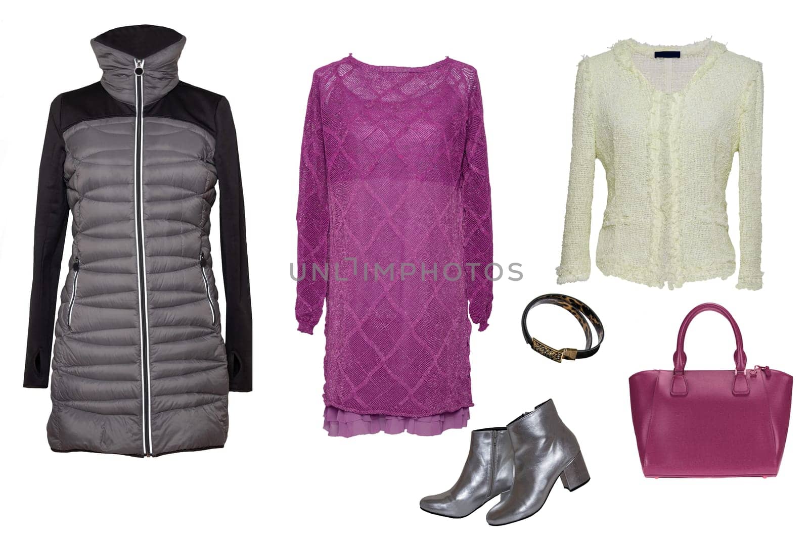Collage woman clothes. Set of stylish and trendy women dresses, coat and accessories isolated on a white background. Latest fashion trends.
