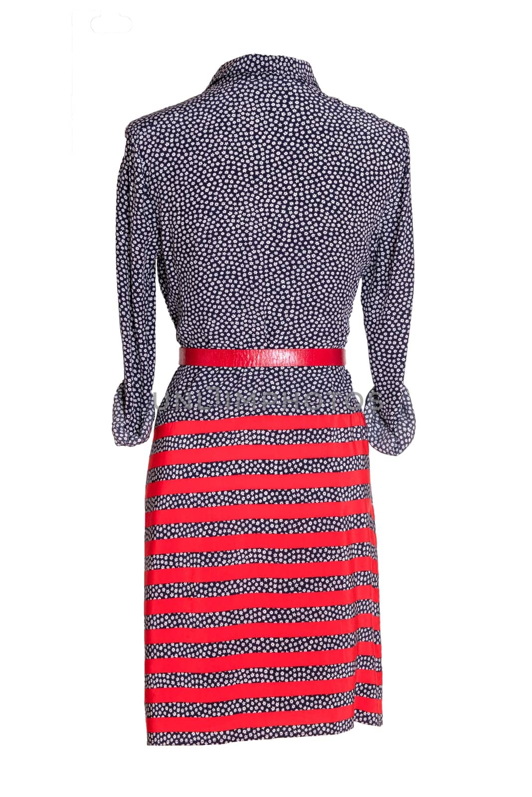 Woman spring summer dress. Women's blue and red striped dress with a red belt on a mannequin isolated on a white background. Summer fashion. Back view.