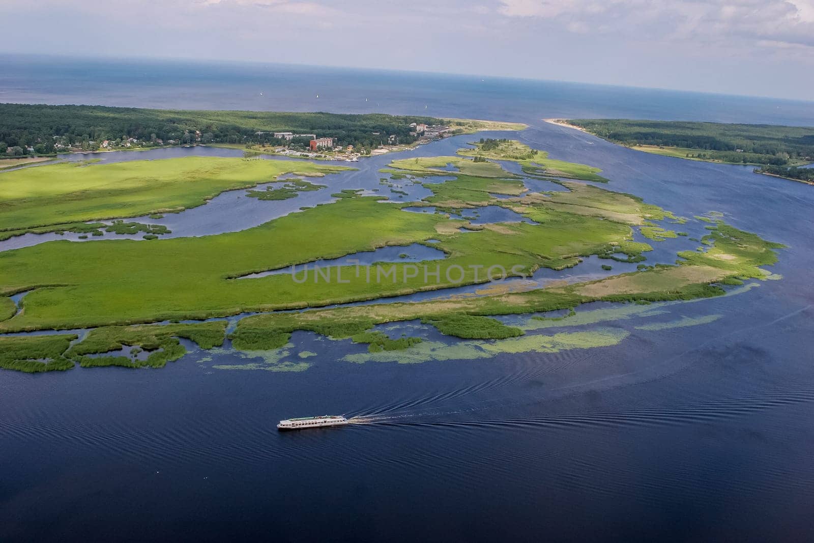 Aerial view of river Lielupe in Latvia. Latvia from above. River from above.