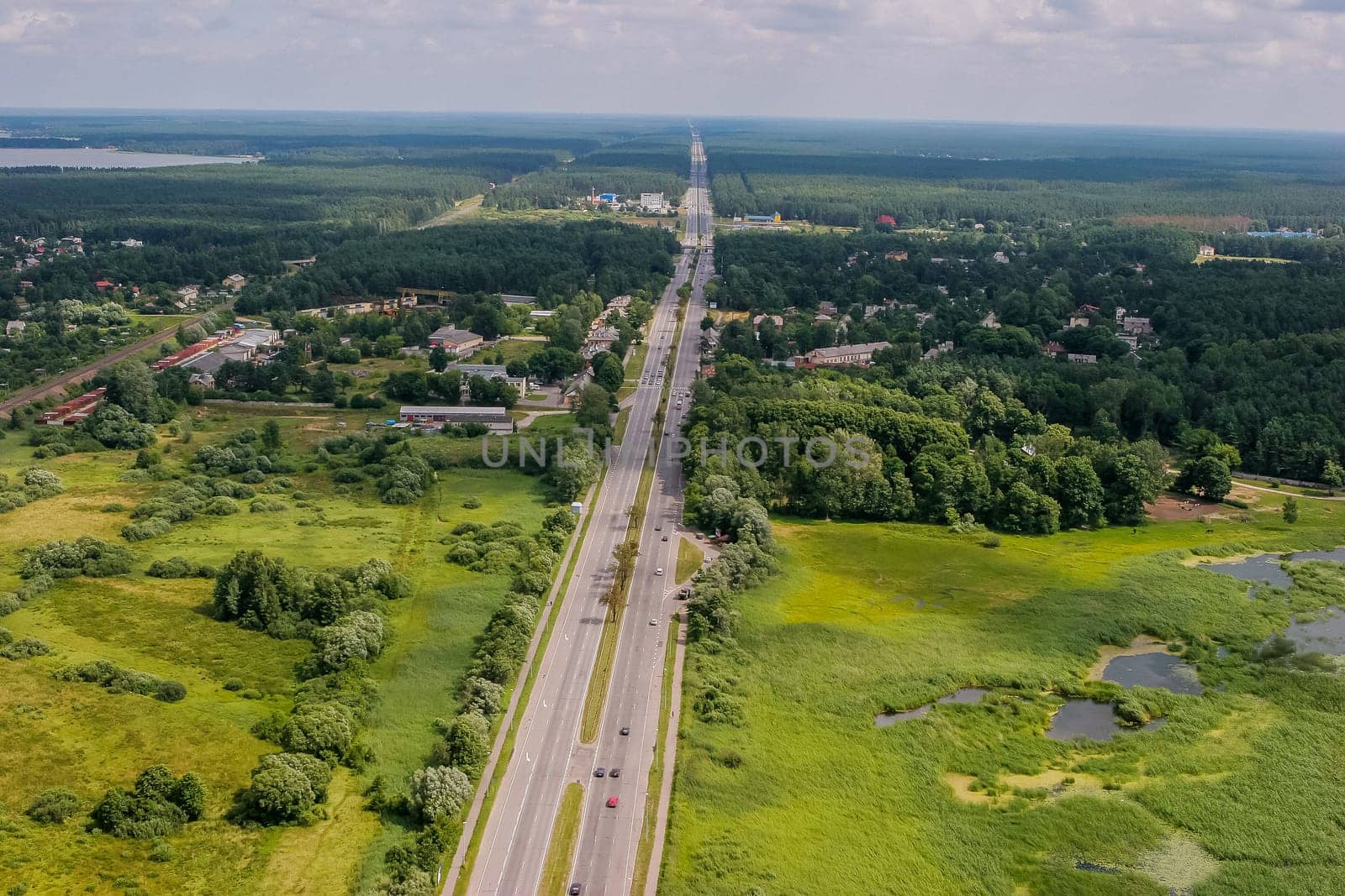 Aerial view of road in Latvia. Latvia from above.