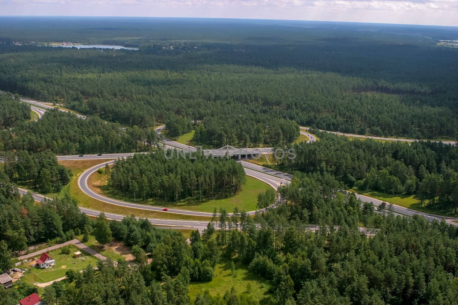 Aerial view of road in Latvia. Latvia from above.