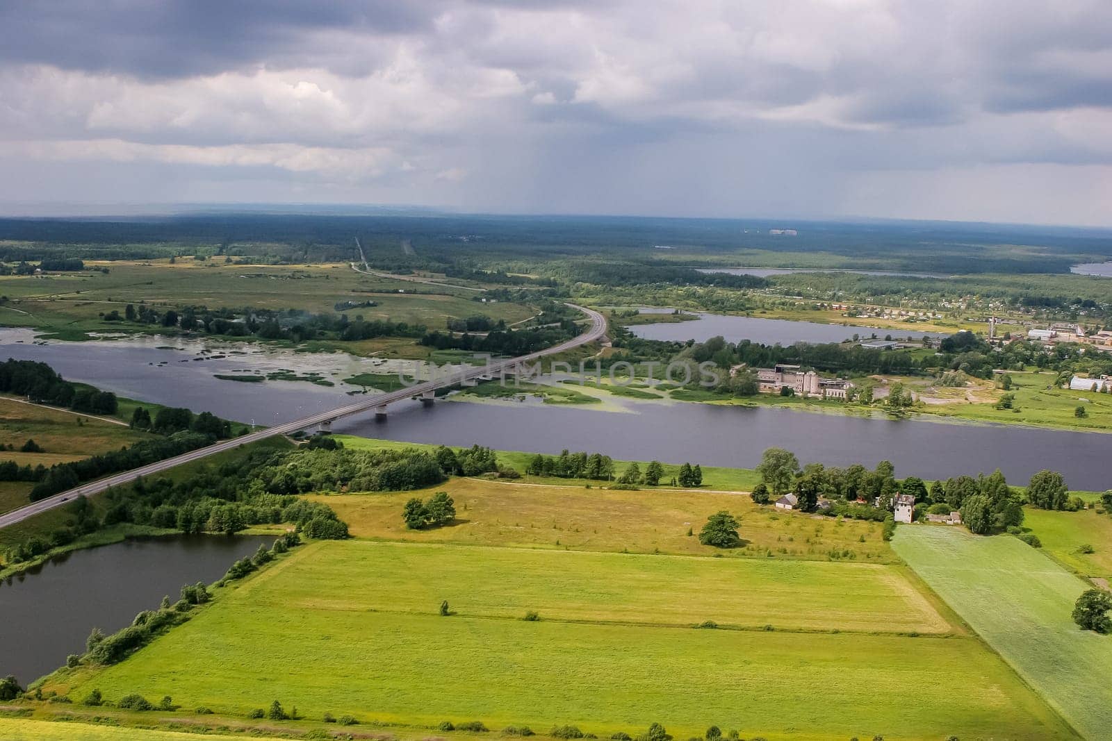 Aerial view of river Lielupe bridge, Latvia. Latvia from above.