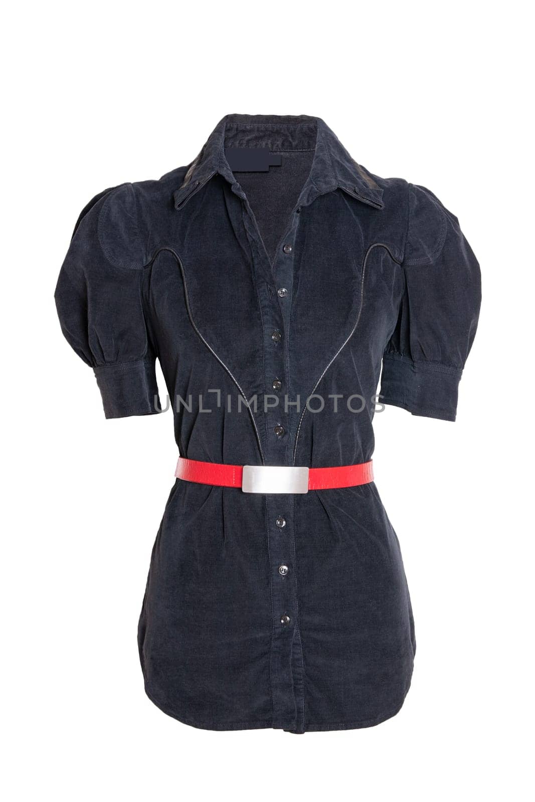 Spring and autumn fashion blouse. A elegant female black spring blouse with a red belt isolated on a white background. Women fashion.
