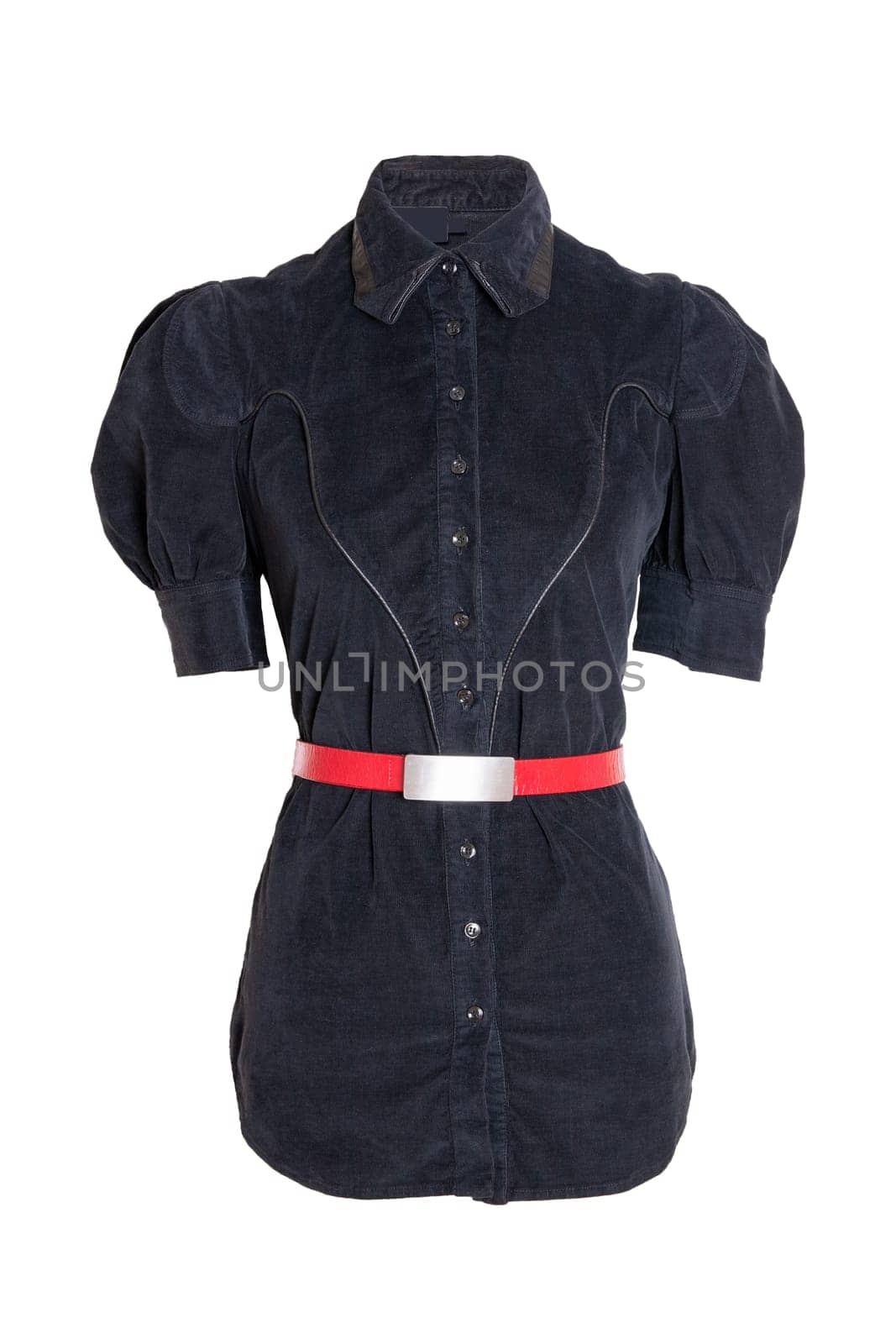 Spring and autumn fashion blouse. A elegant female black spring blouse with a red belt isolated on a white background. Women fashion.