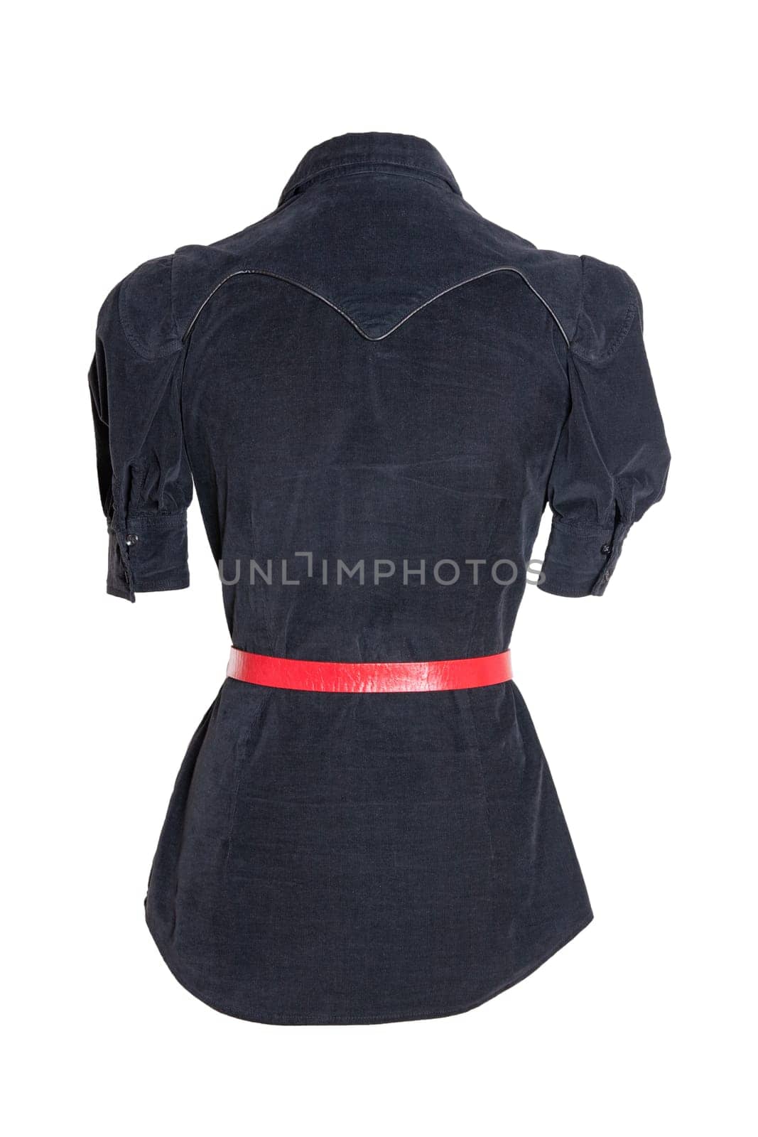 Spring and autumn fashion blouse. A elegant female black spring blouse with a red belt isolated on a white background. Women fashion. Back view.