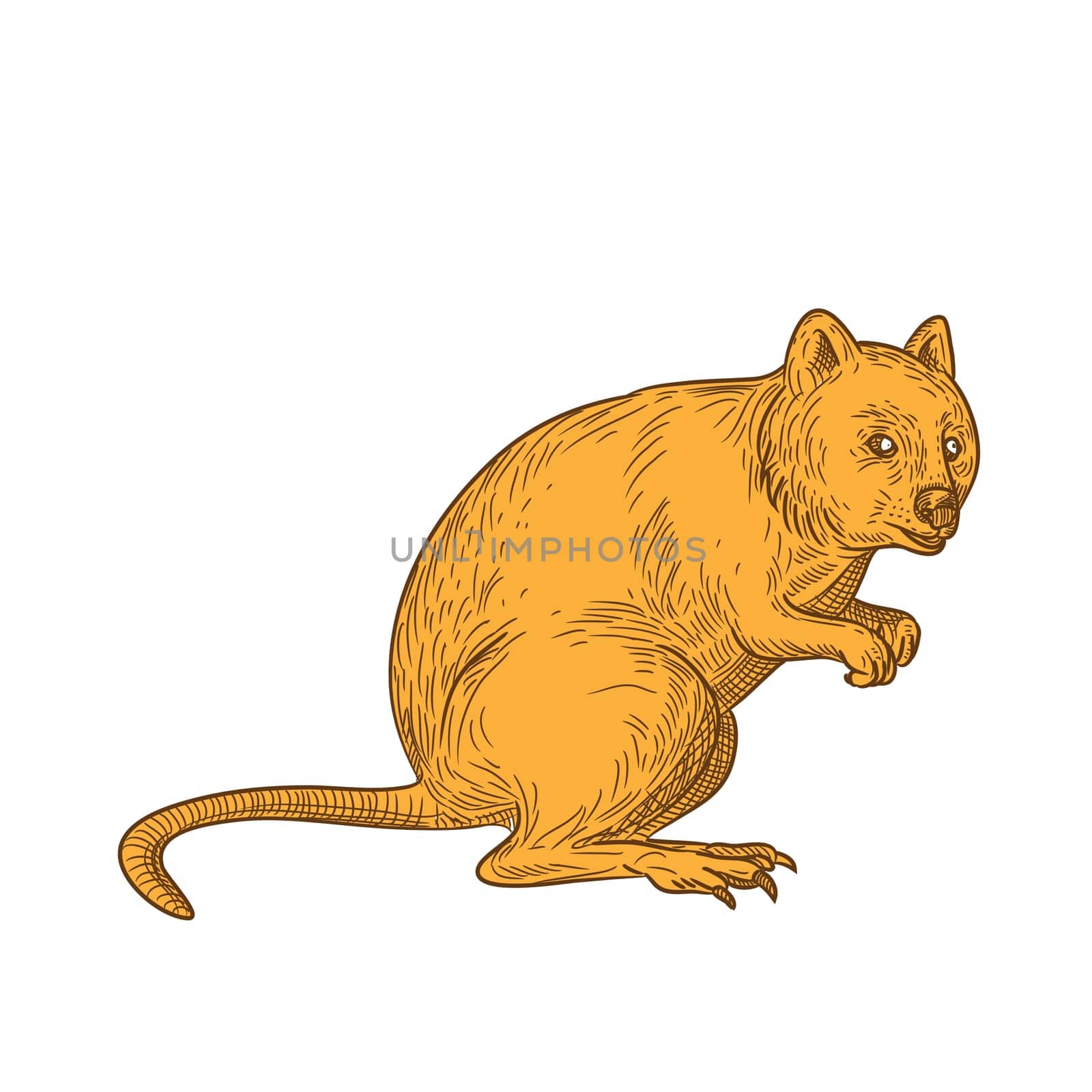 Drawing sketch style illustration of a quokka, Setonix brachyurus, a small macropod marsupial native to  Western Australia on isolated white background in color.
