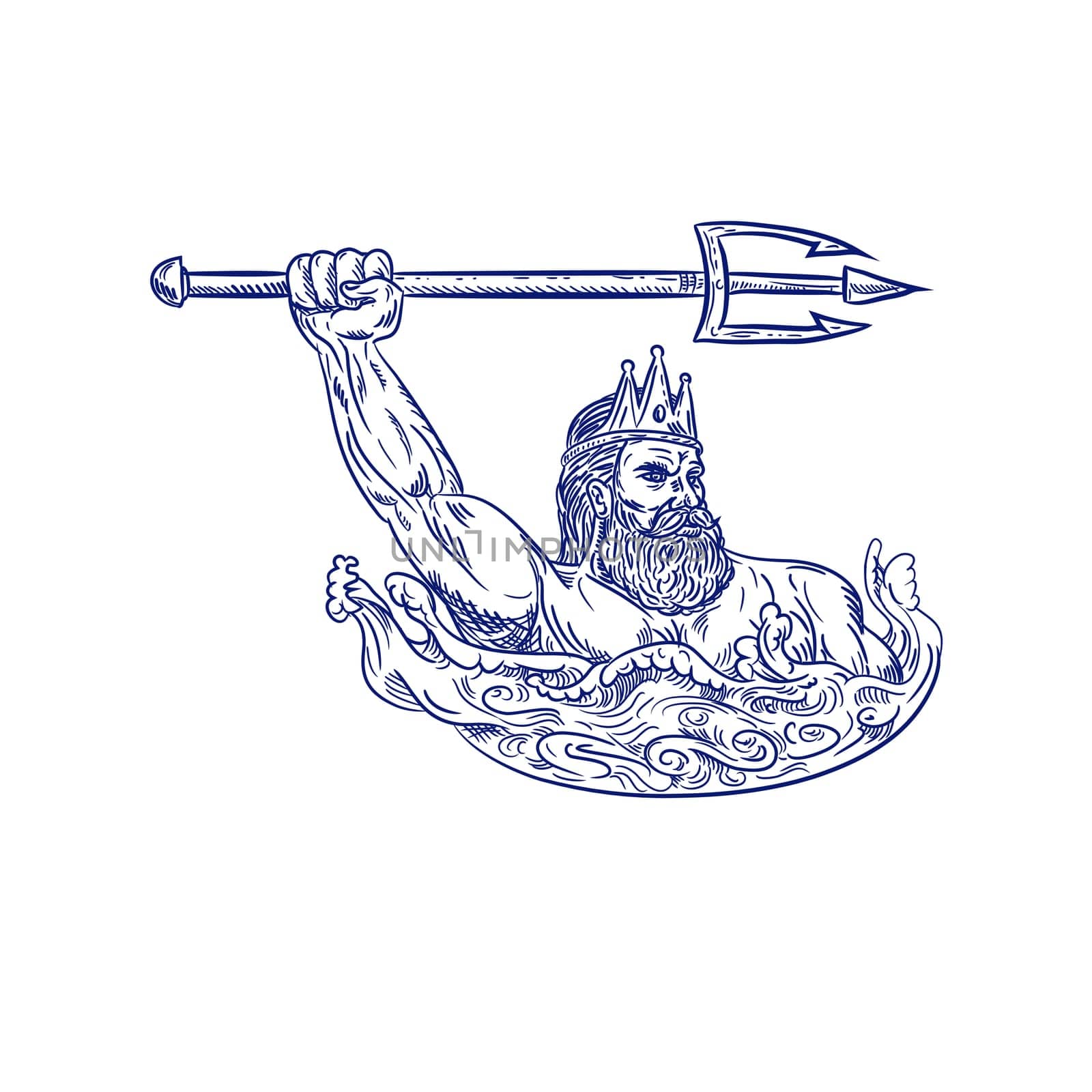 Drawing sketch style illustration of Triton, a Greek god, the messenger of the sea, son of Poseidon and Amphitrite, wielding trident on sea with waves on isolated white background.