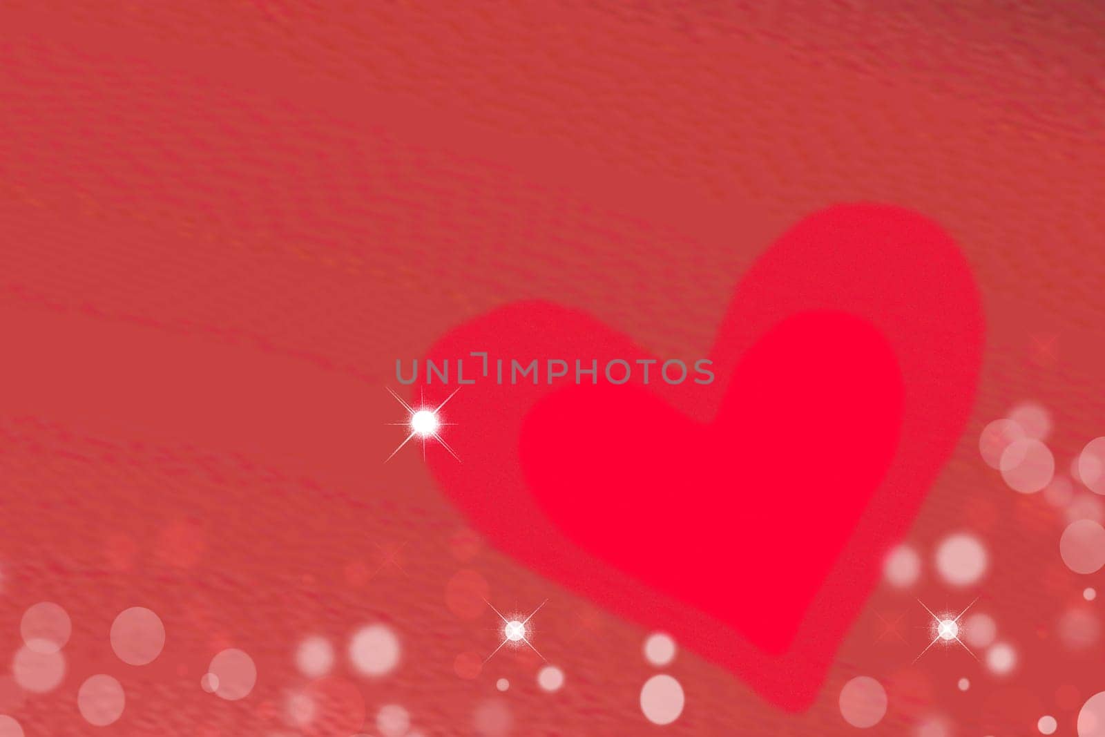 Abstract valentine background. Abtract festive blur red bright background with red hearts and sparkling diamonds for valentine or wedding. Romantic textured backdrop with space for your design. Card concept.