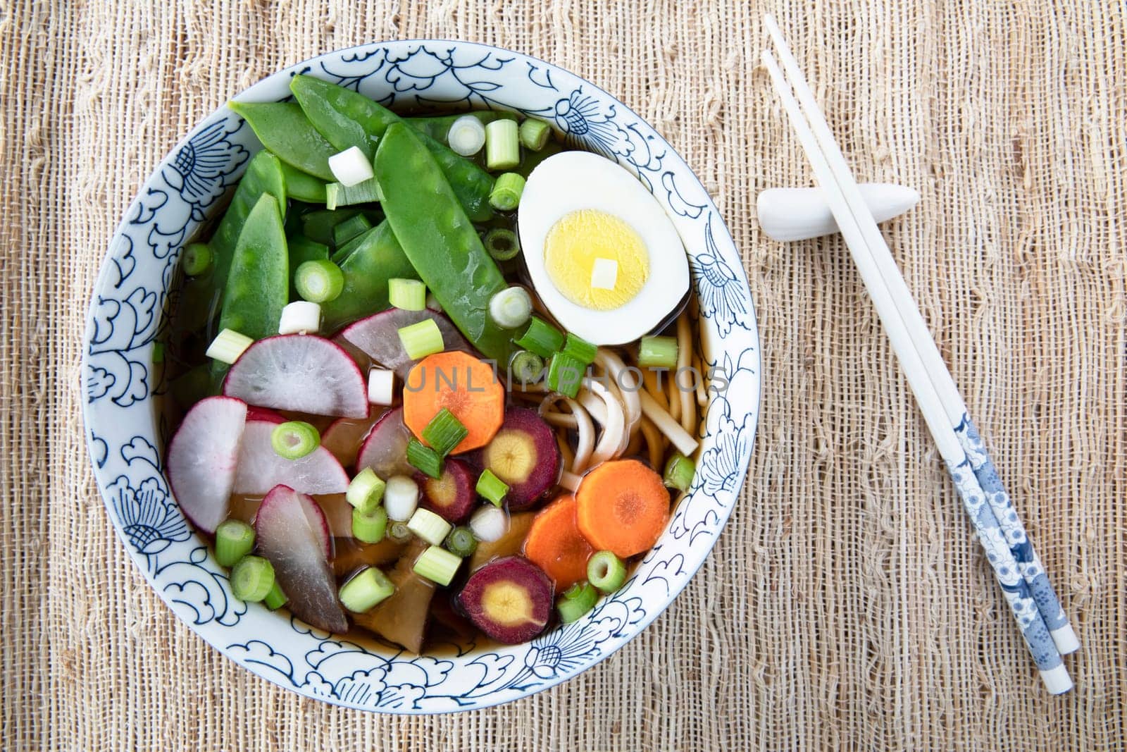Filling bowl with udon noodle soup series final image: bowl with noodles, shiitake mushrooms, snow peas, broth, radishes, carrots, egg. and spring onions.