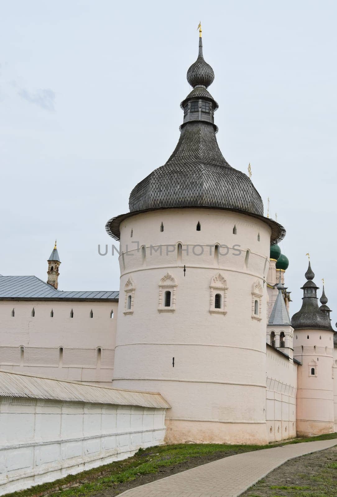 Wooden dome tower and wall of Rostov Kremlin in Rostov Velikiy, Russia