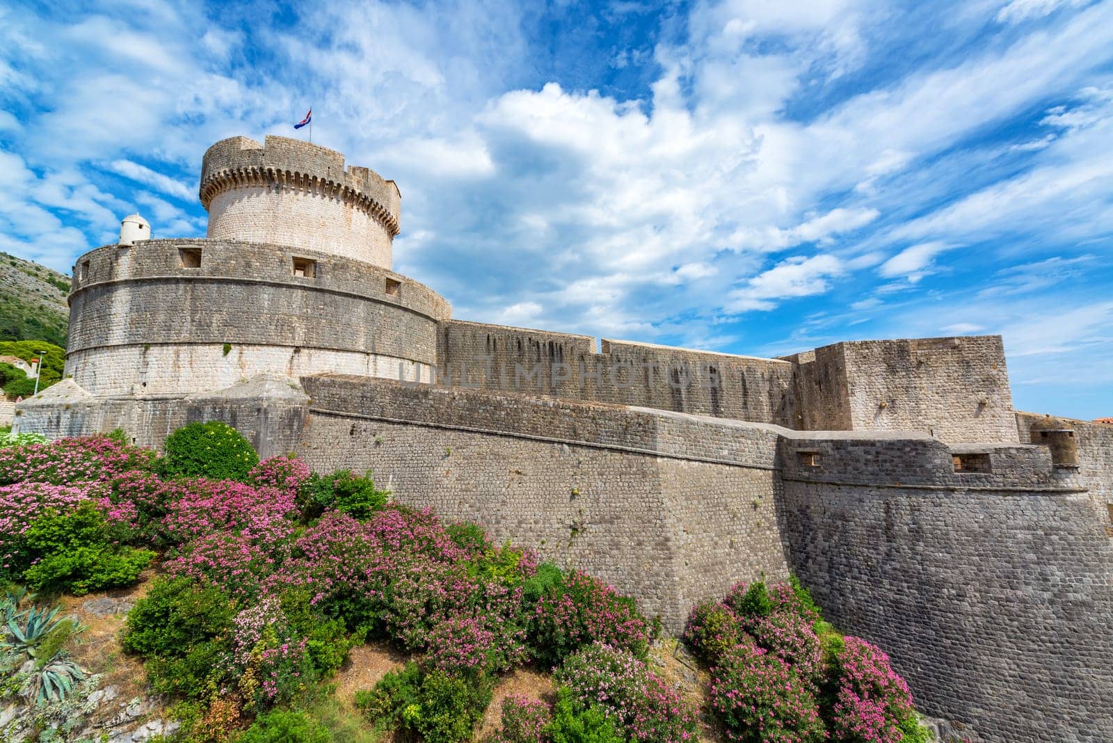 View of the city walls of Dubrovnik, Croatia with colorful flowers
