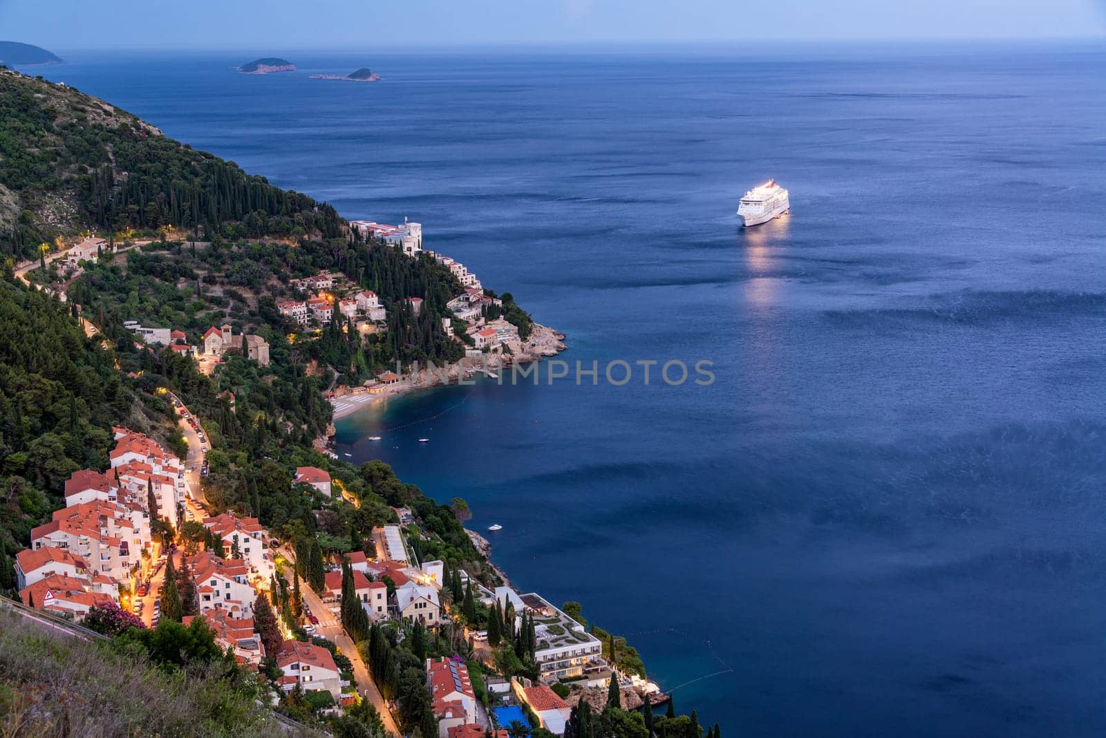 Coast of Croatia extending south of Dubrovnik in the early evening