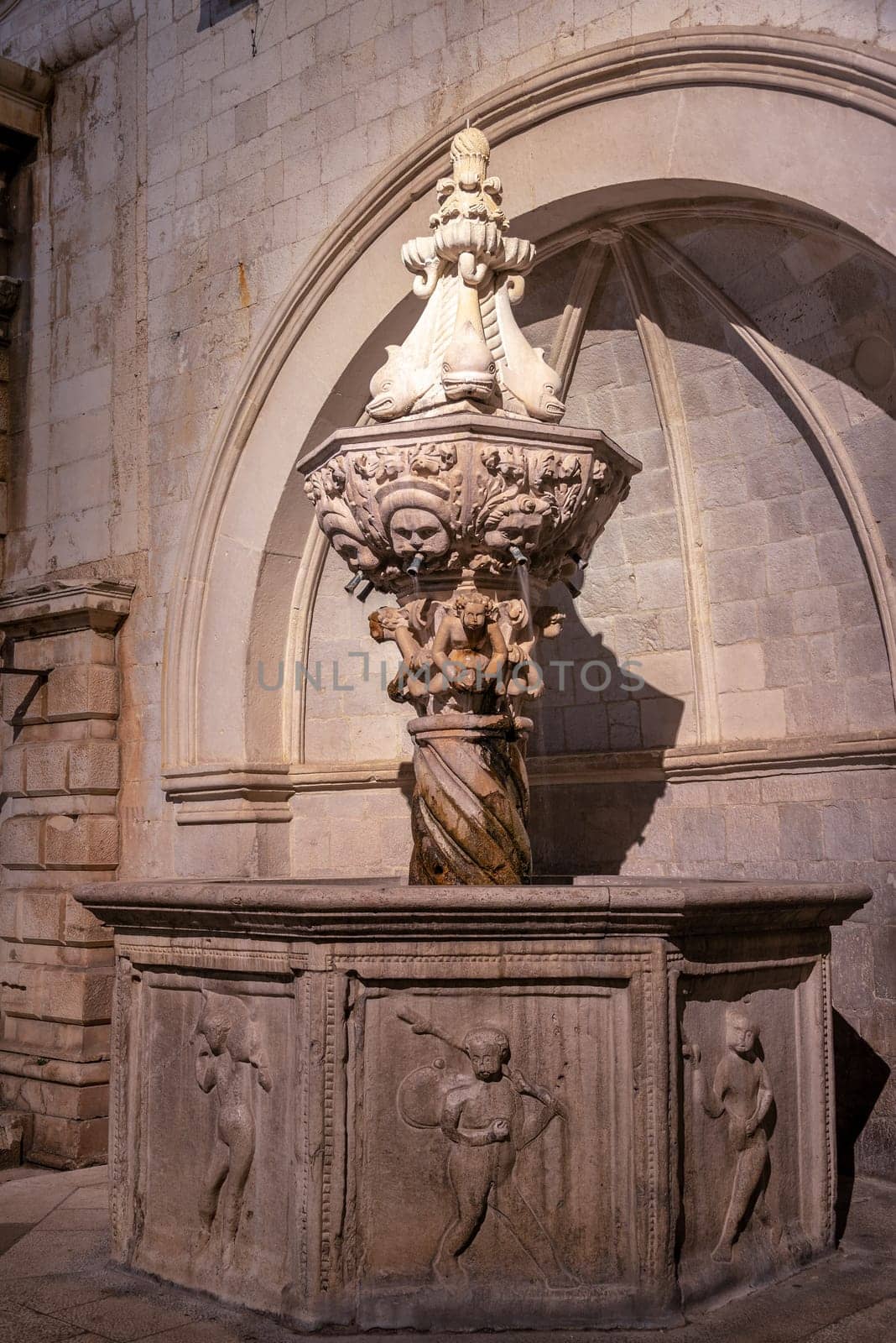 View of Small Onofrio's Fountain at night in Dubrovnik, Croatia