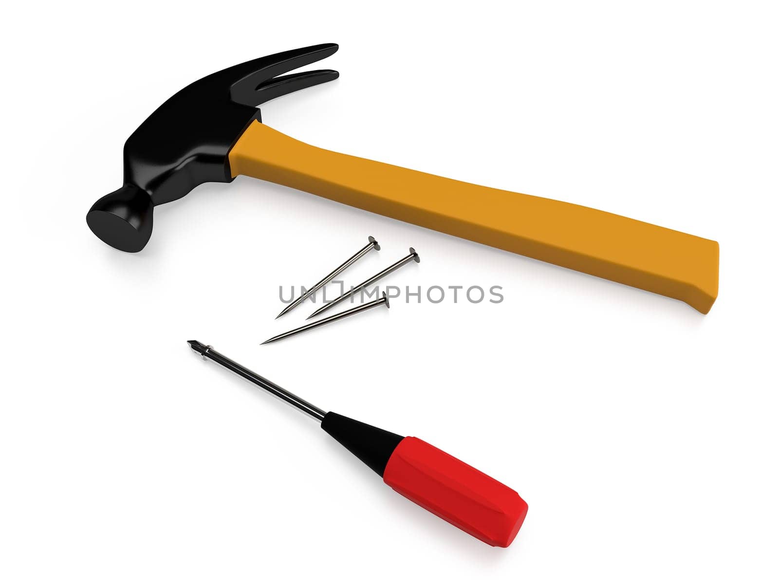 Hammer, screwdriver and nails on white background. 3D rendering