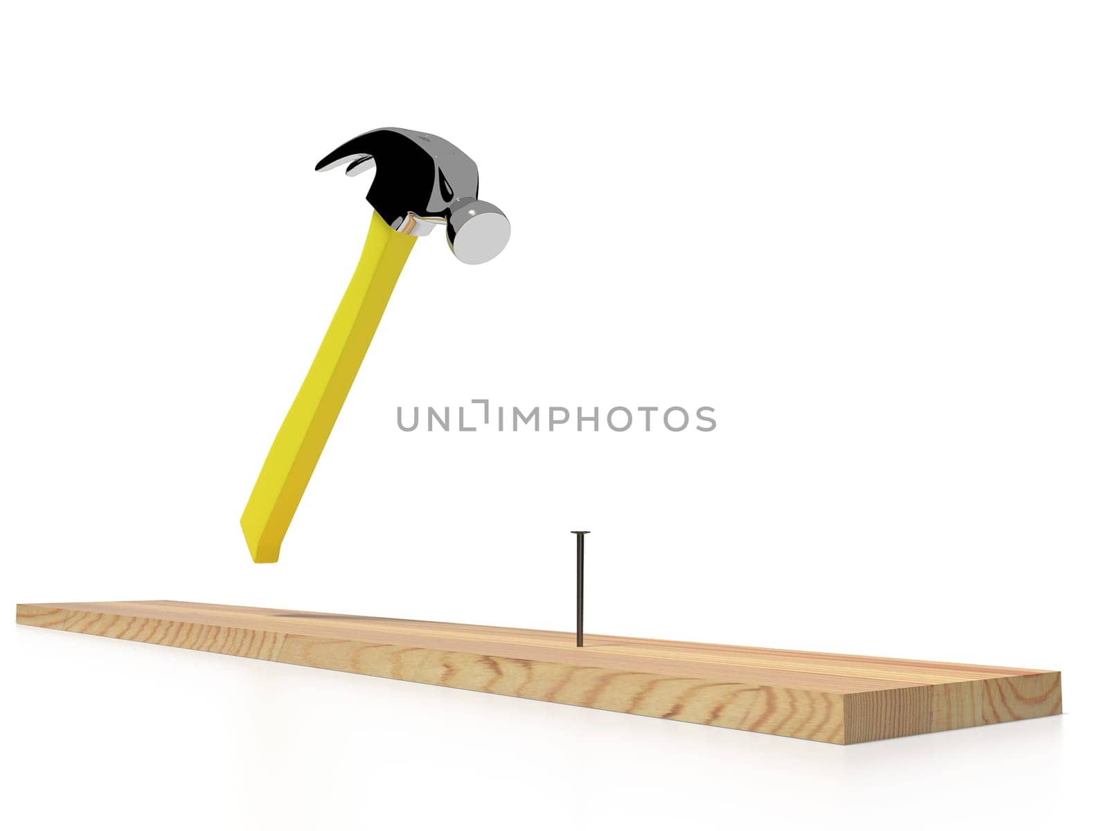 Hammer, wooden plank and nail on white background, isolated. 3D rendering