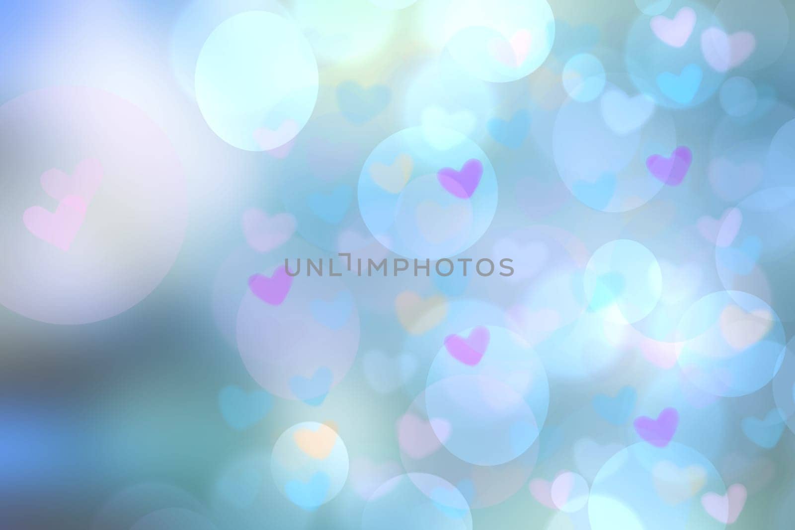 Abstract festive blur bright blue pastel background with pink hearts love bokeh for wedding card or Valentine‘s day.  Romantic textured backdrop with space for your design. Card concept.